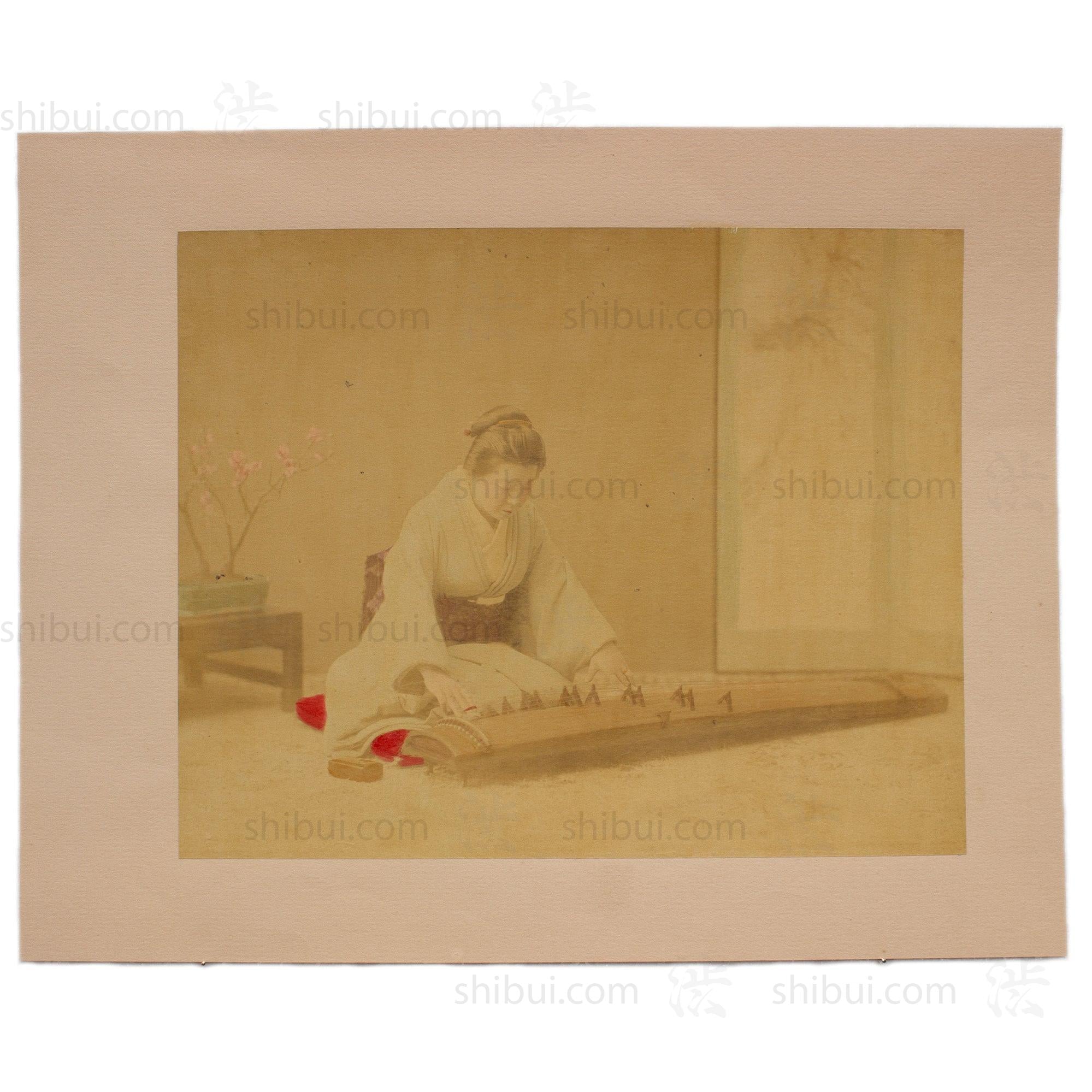 Hand Tinted Albumen of a Koto Player | Antique Japanese Photograph