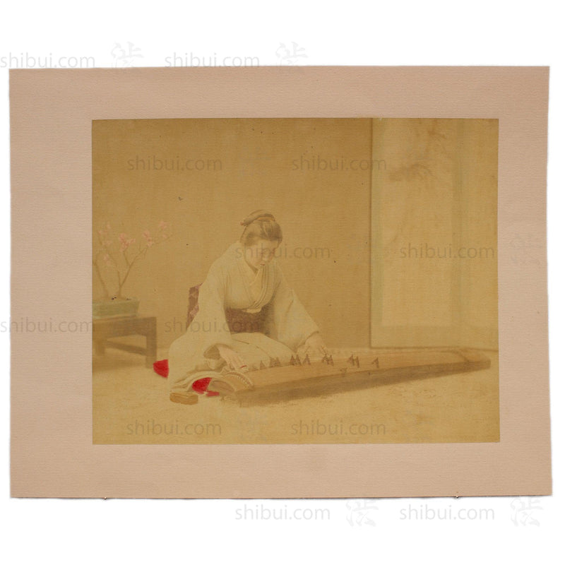 Hand Tinted Albumen of a Koto Player | Antique Japanese Photograph