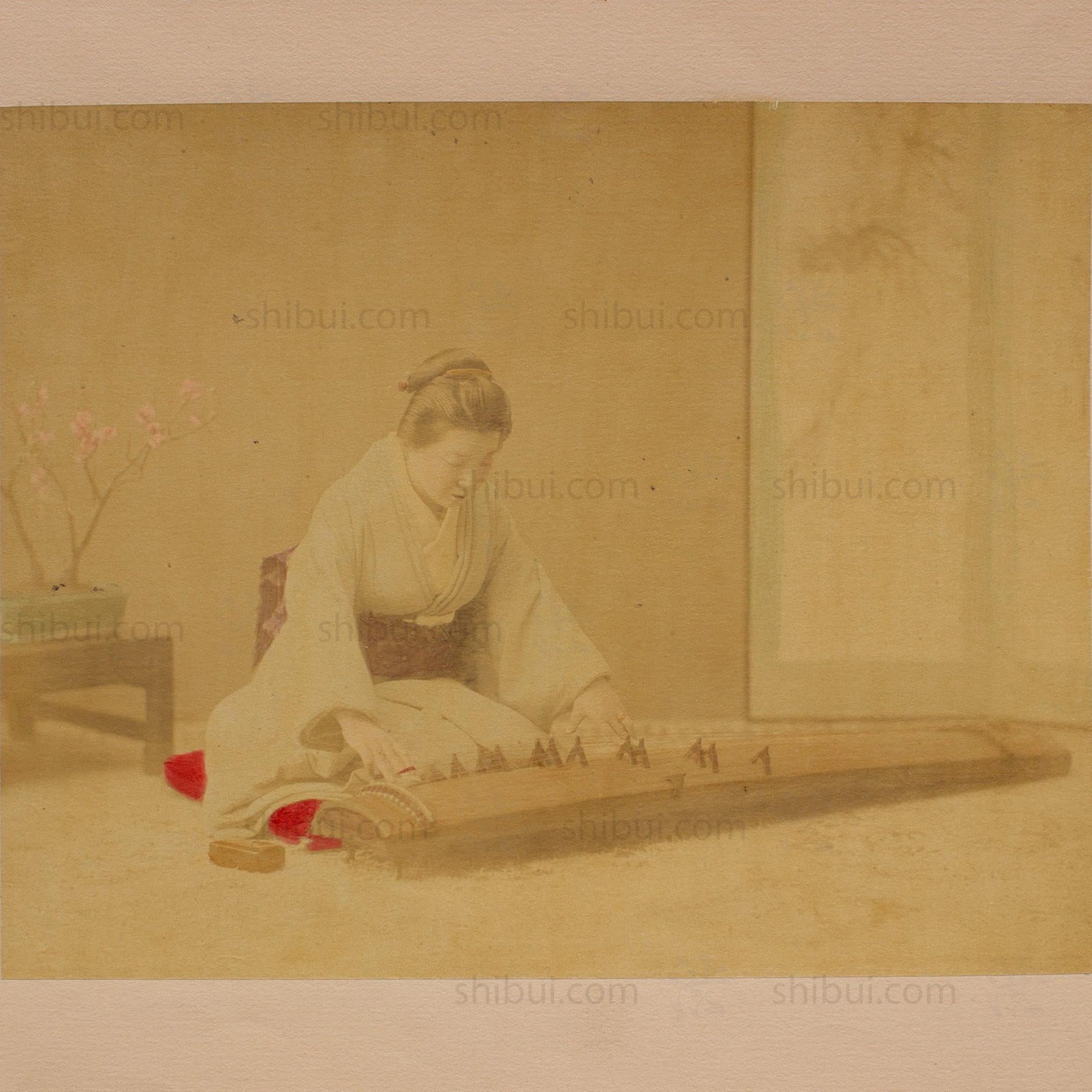 Hand Tinted Albumen of a Koto Player | Antique Japanese Photograph