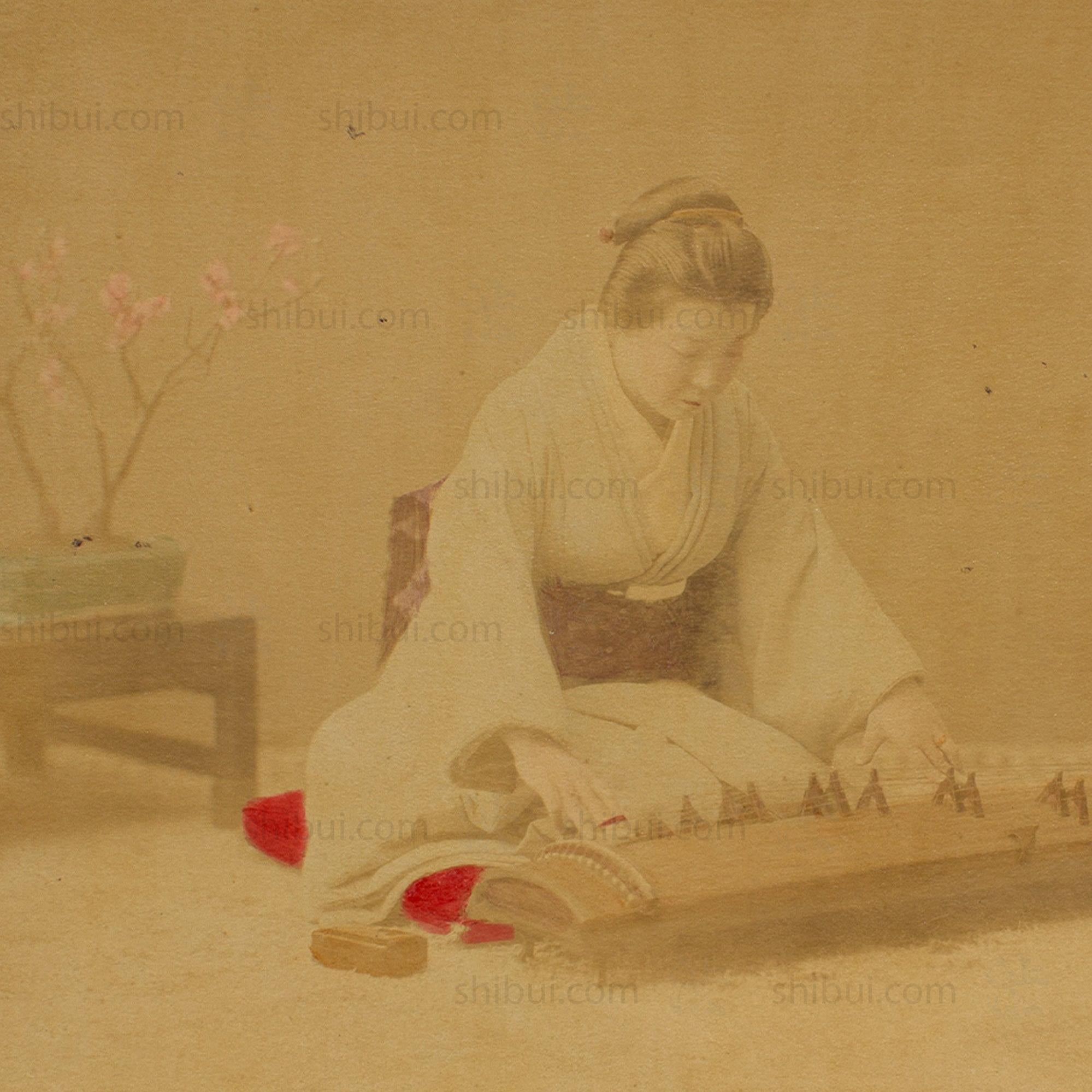 Hand Tinted Albumen of a Koto Player | Antique Japanese Photograph