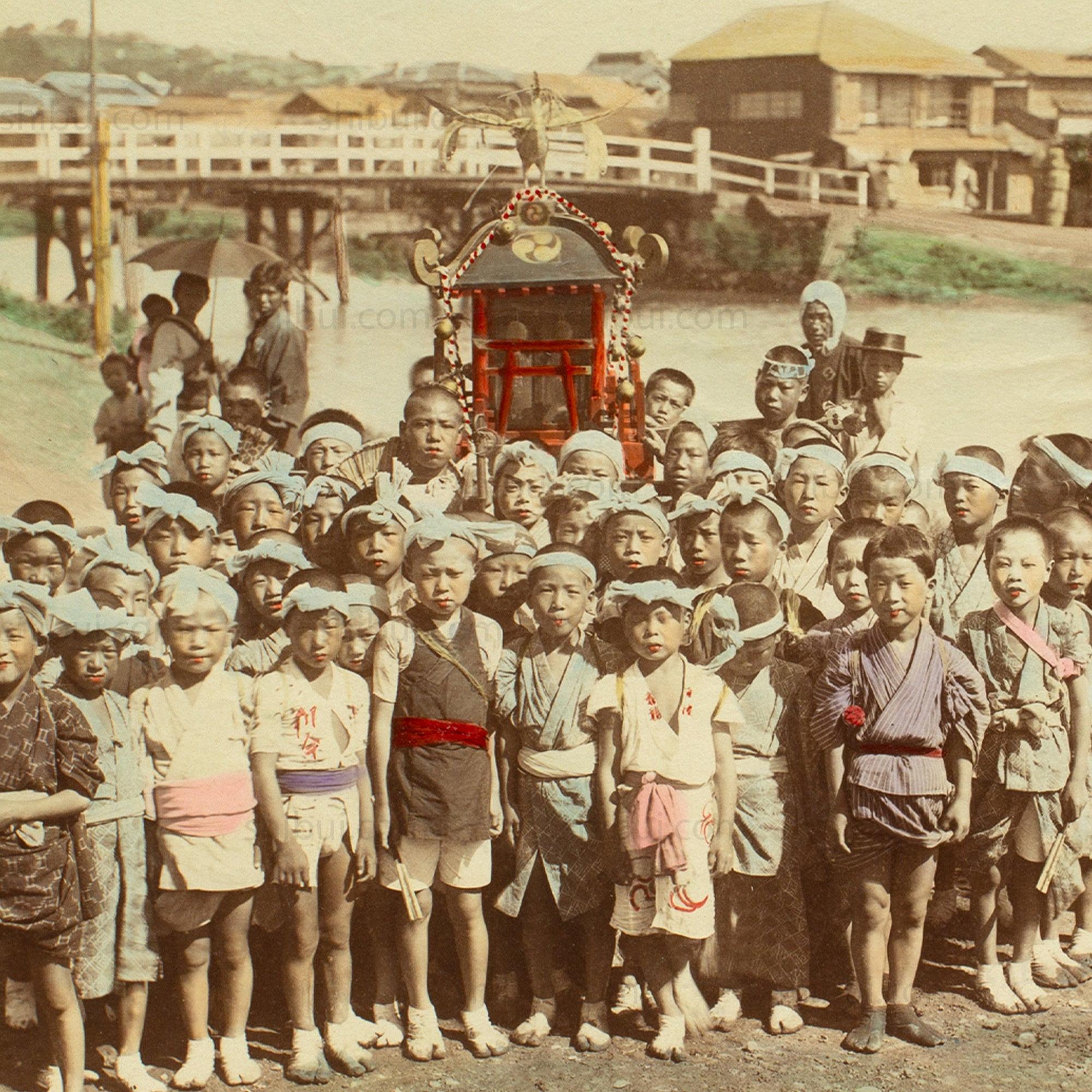 Mikoshi and Children | Japanese Antique Hand Tinted Albumen Photo