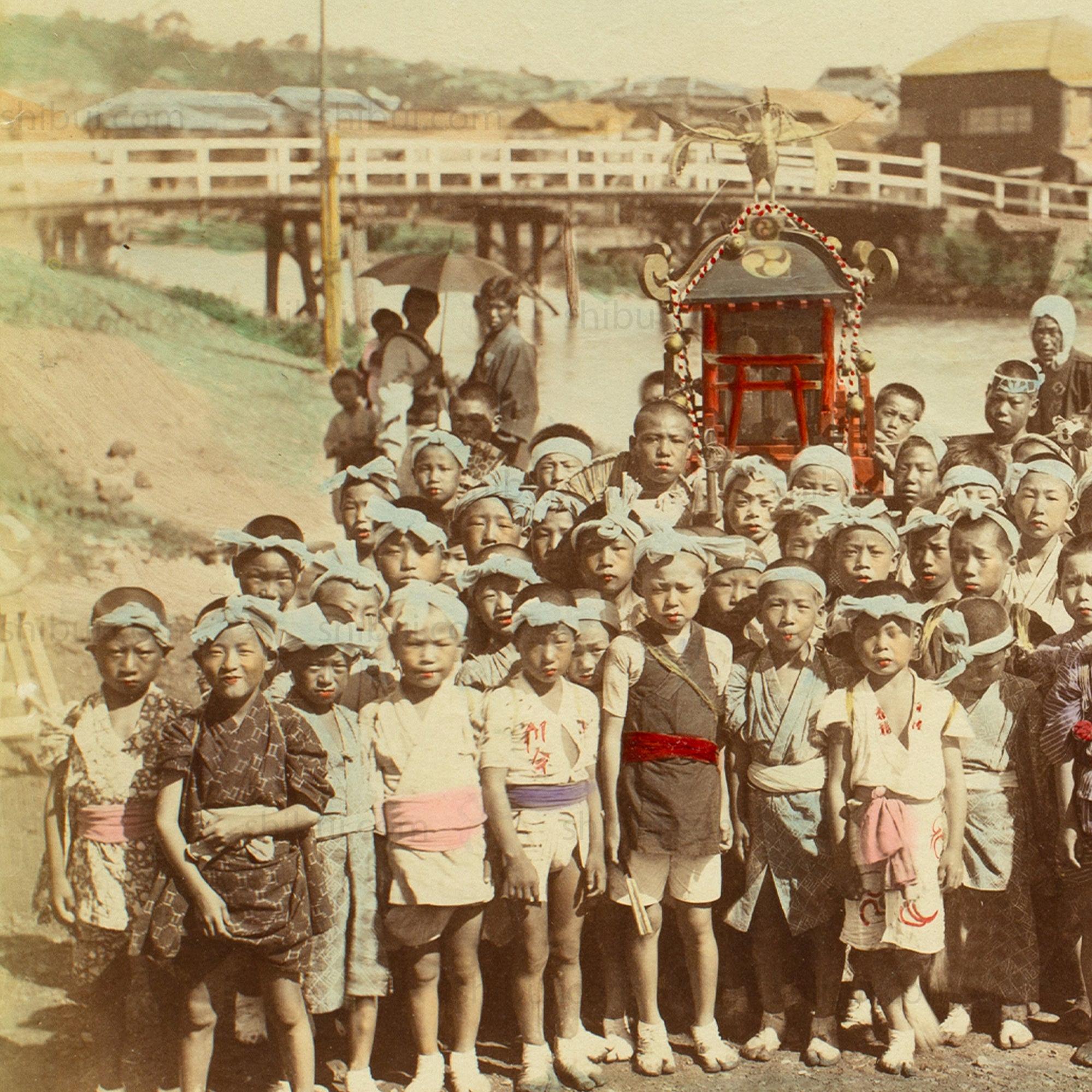 Mikoshi and Children | Japanese Antique Hand Tinted Albumen Photo