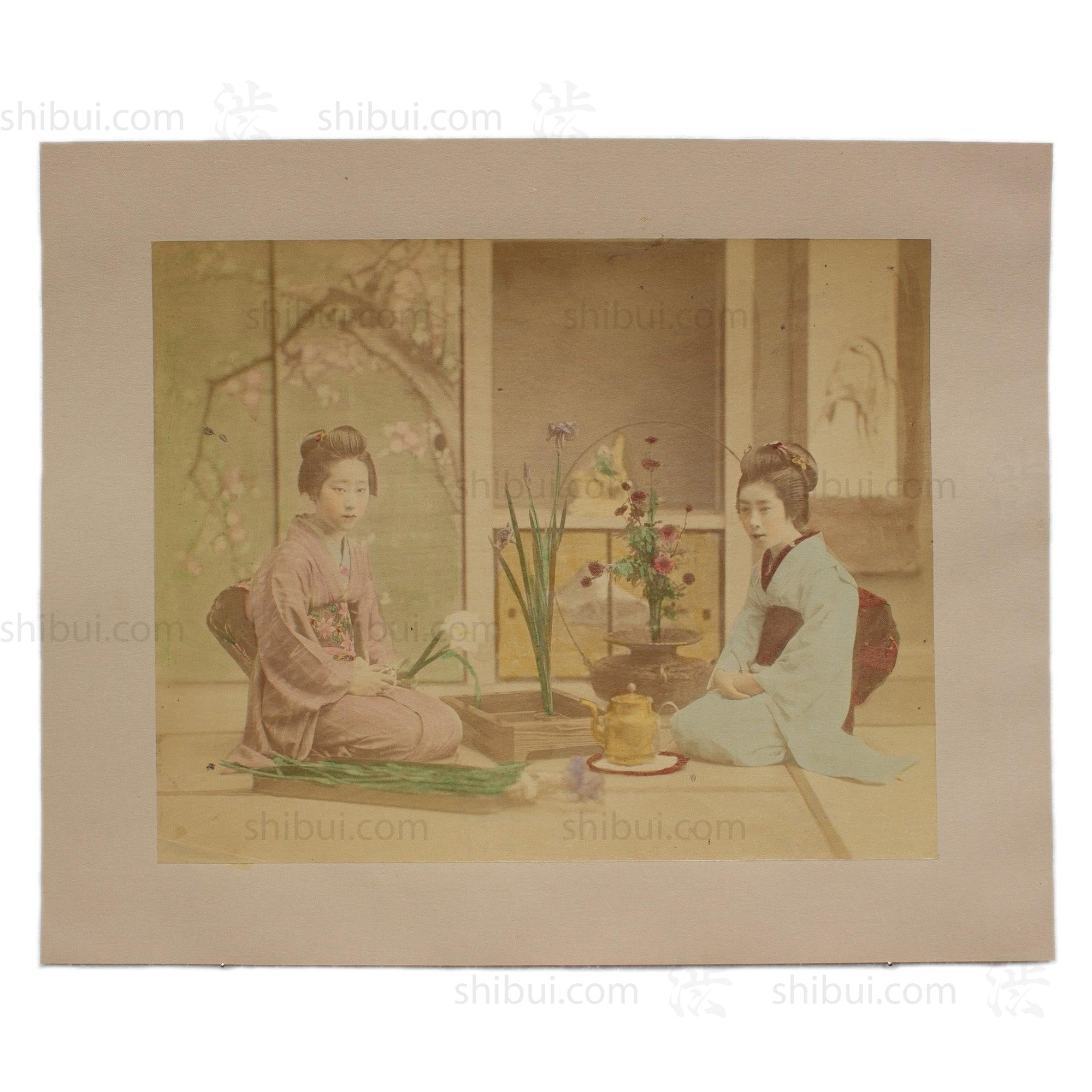 Hand Tinted Albumen of Ikebana Flower Arranging | Antique Japanese Photograph