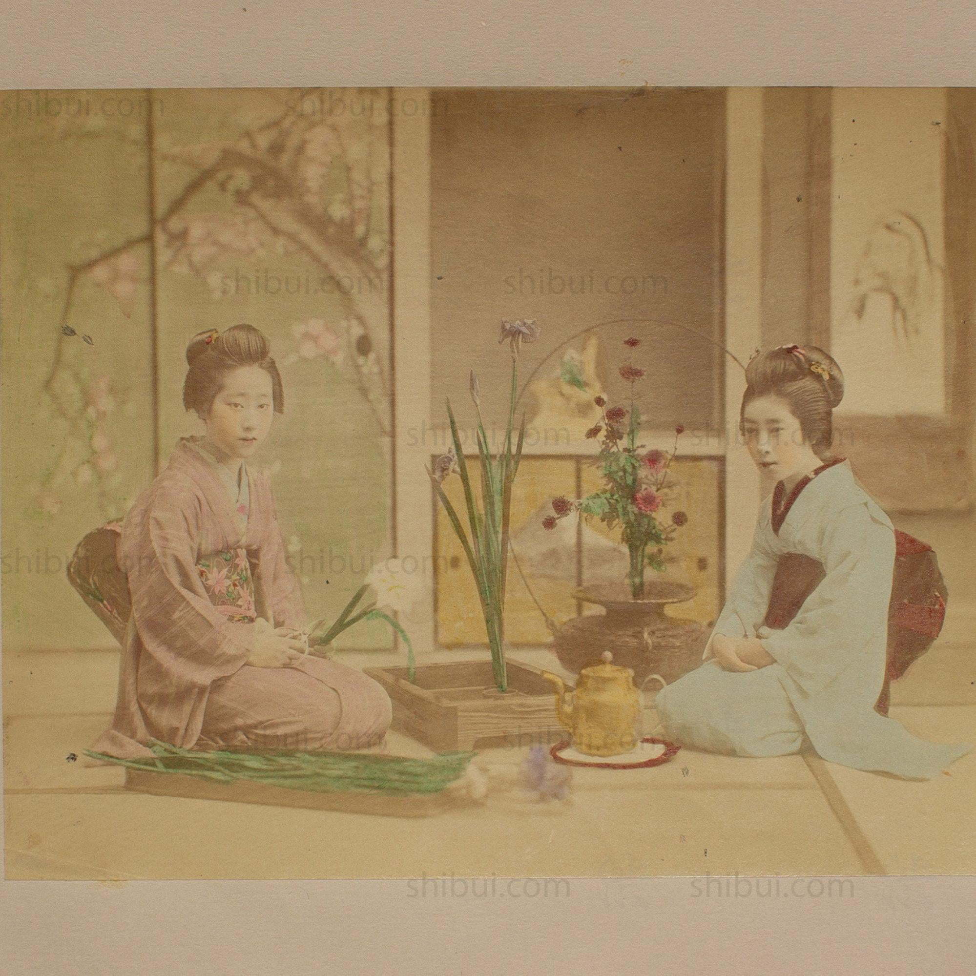 Hand Tinted Albumen of Ikebana Flower Arranging | Antique Japanese Photograph