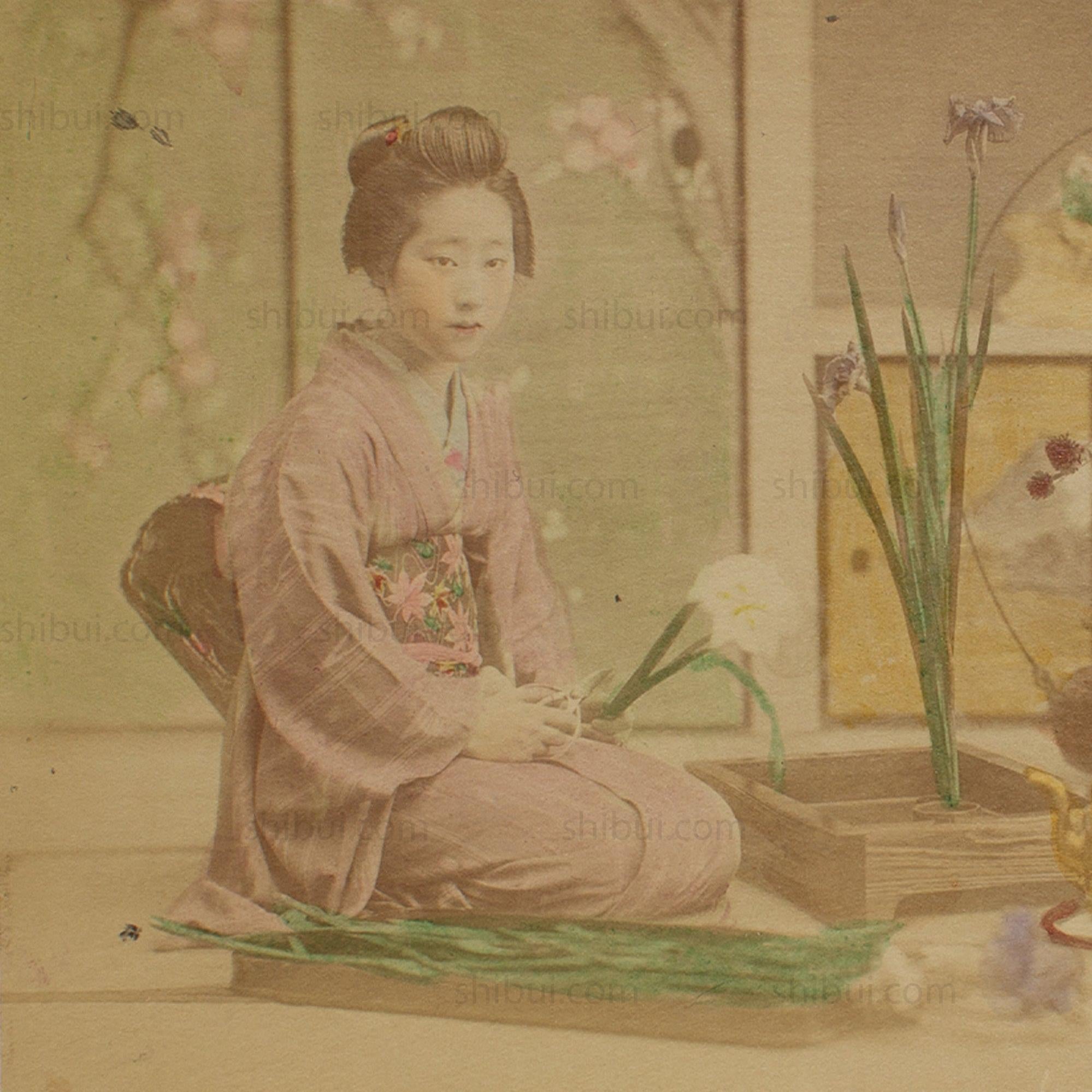 Hand Tinted Albumen of Ikebana Flower Arranging | Antique Japanese Photograph