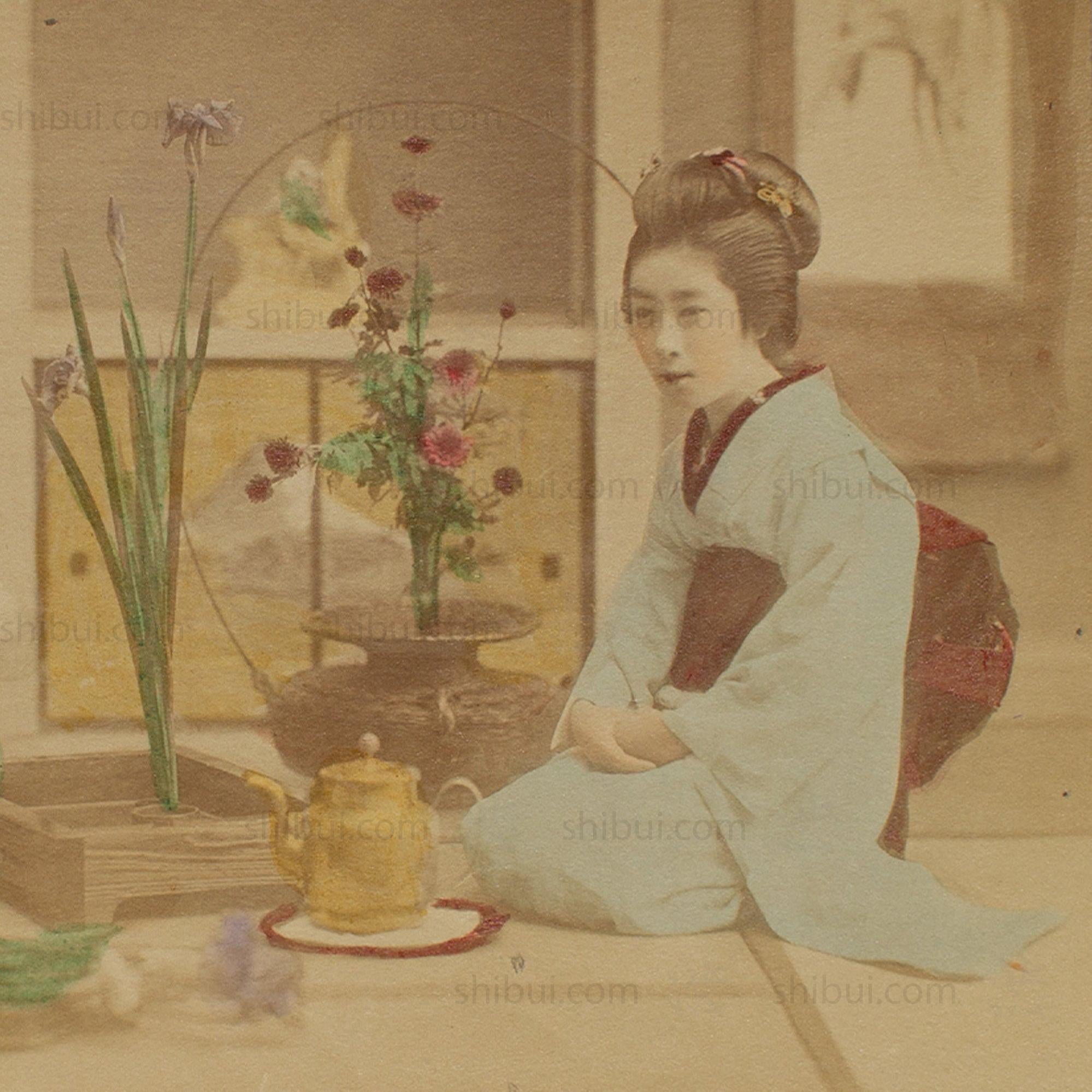 Hand Tinted Albumen of Ikebana Flower Arranging | Antique Japanese Photograph