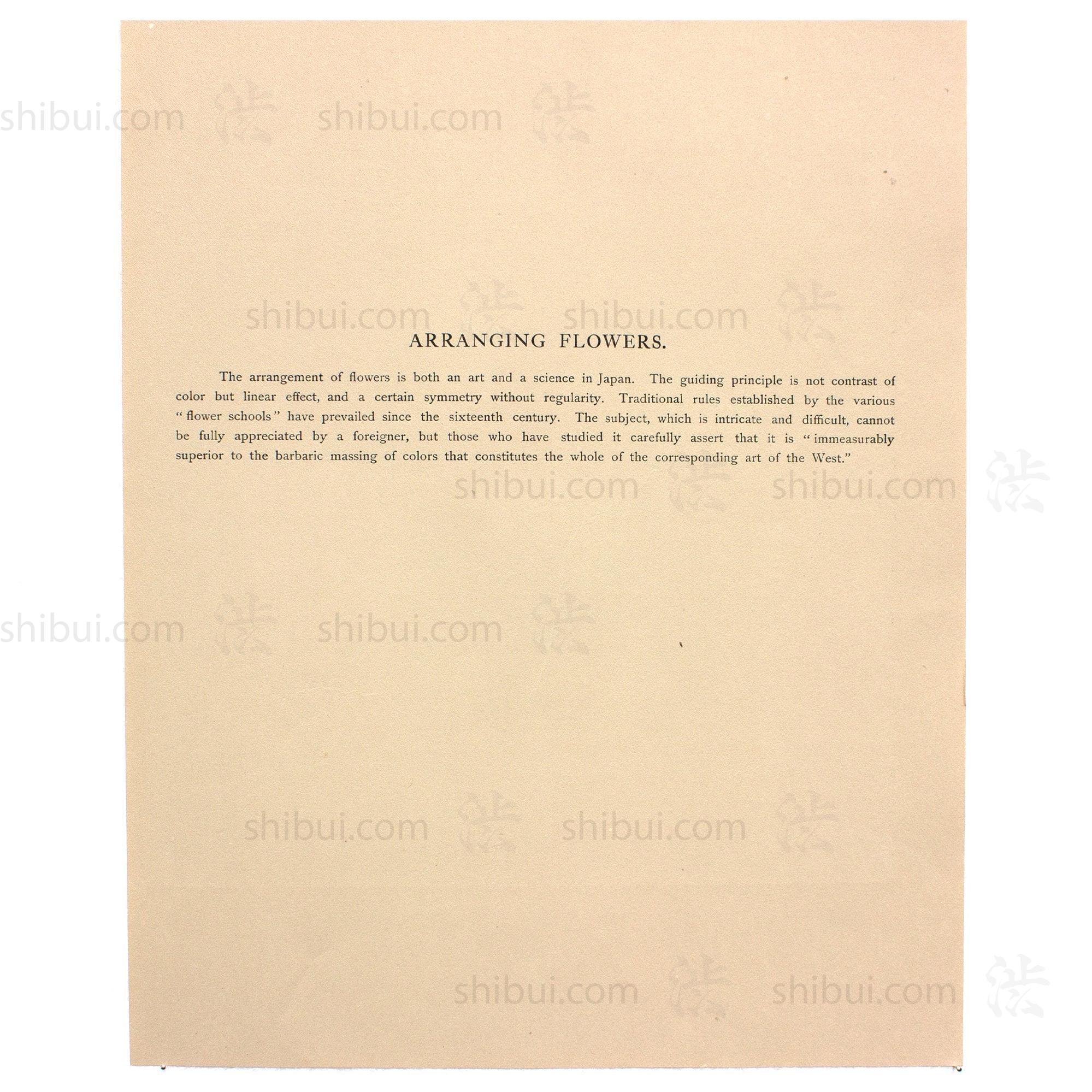 The arrangement of flowers is both an art and science in Japan. The guiding principle is not contrast of color but linear effect, and a certain symmetry without regularity. Traditional rules established by the various "flower schools" have prevailed since the 16th century. The subject, which is intricate and difficult, cannot be fully appreciated by a foreigner, but those who have studied it carefully assert that it is "immeasurably superior to the barbaric massing of colors that constitutes the West's art"