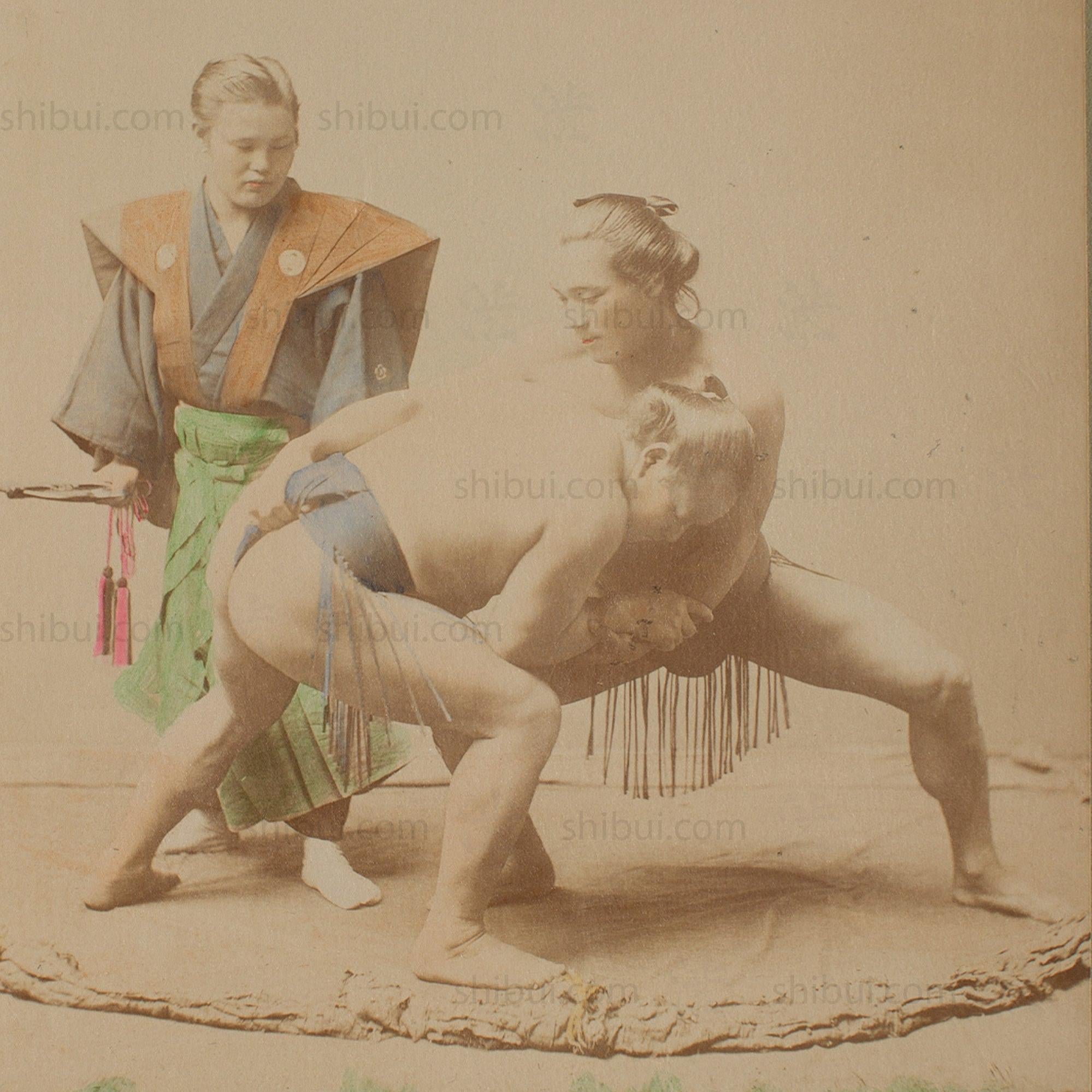 Hand Tinted Albumen of Sumo Wrestlers | Antique Japanese Photograph
