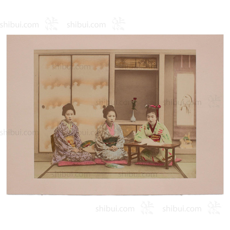 Hand Tinted Albumen of Music Lesson | Antique Japanese Photograph