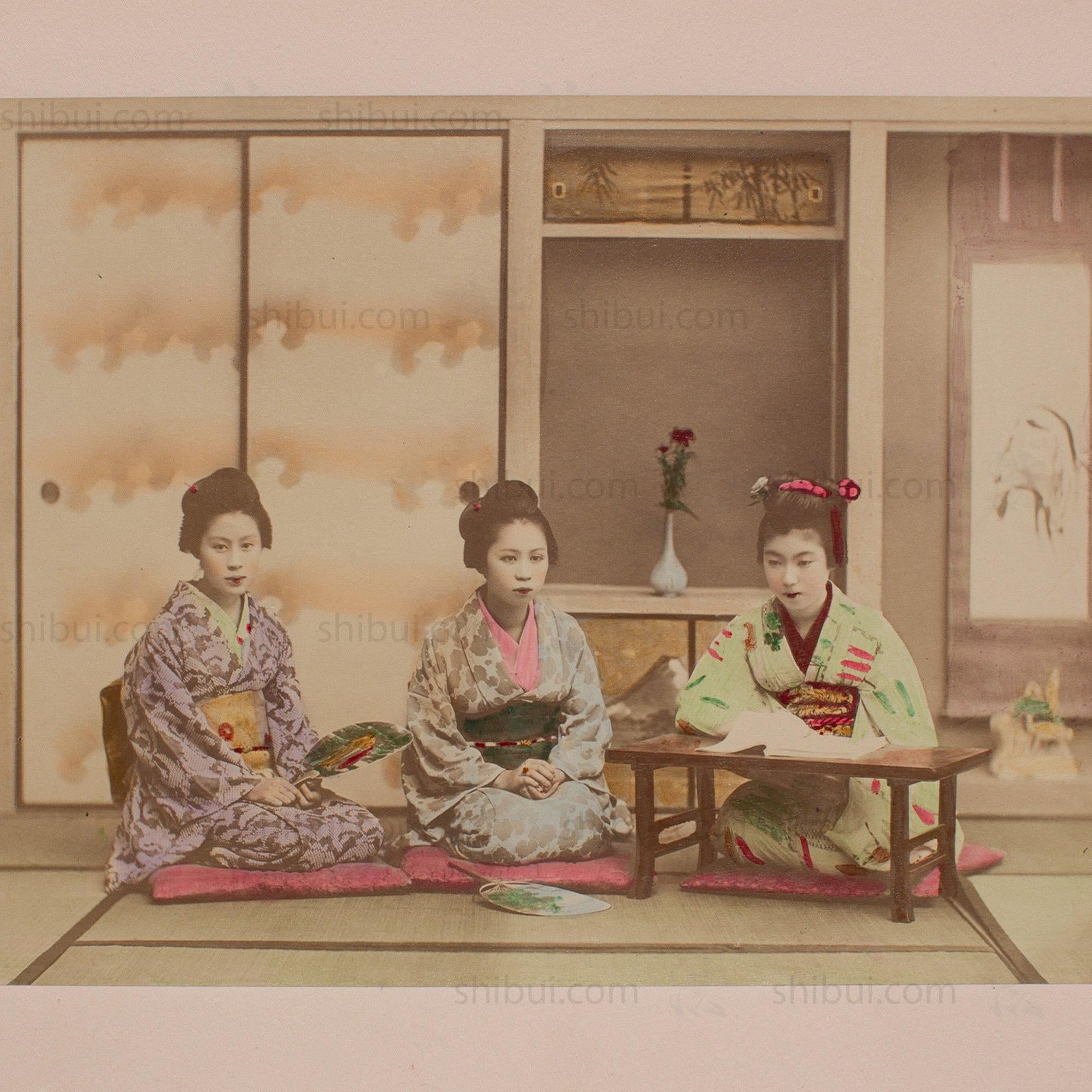 Hand Tinted Albumen of Music Lesson | Antique Japanese Photograph