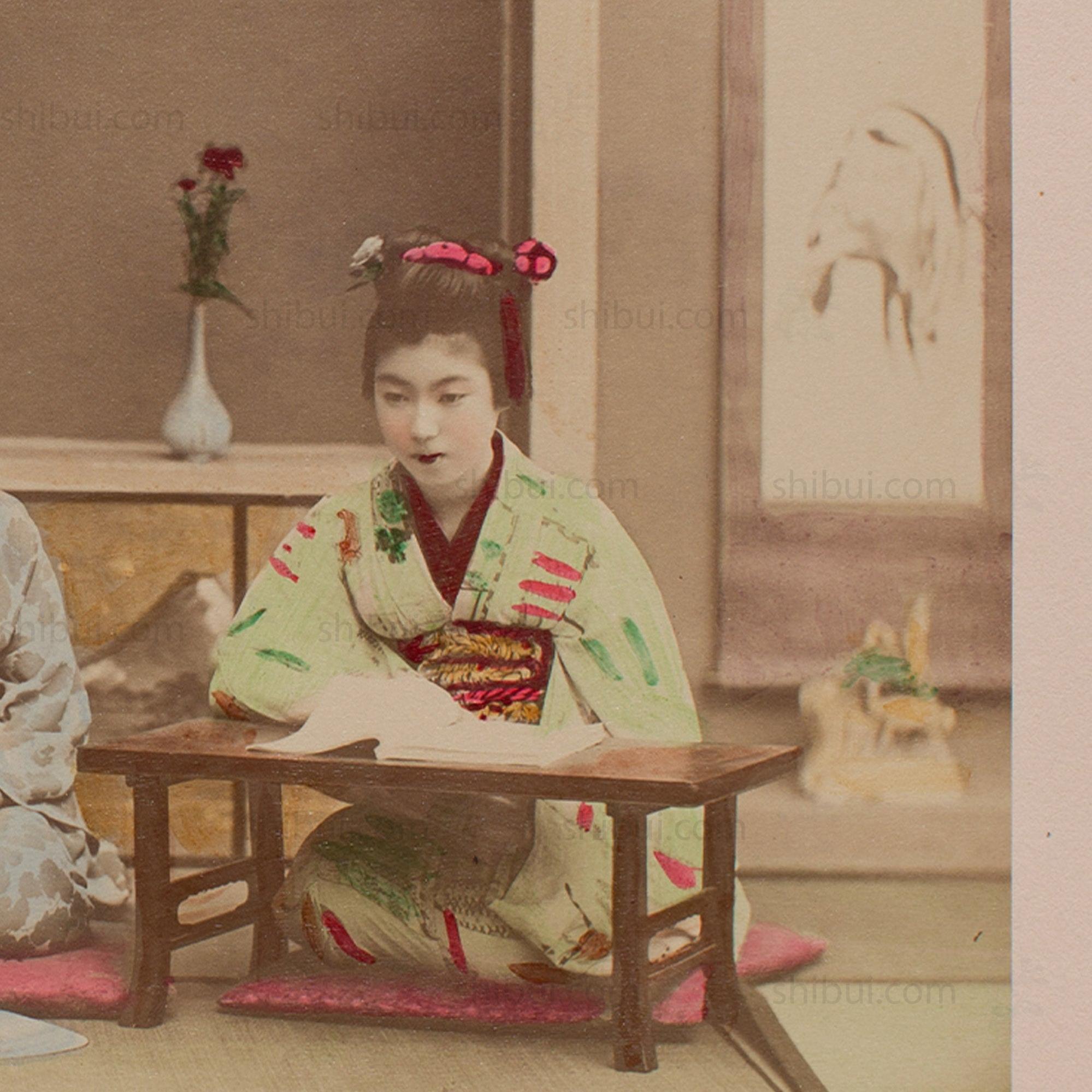 Hand Tinted Albumen of Music Lesson | Antique Japanese Photograph