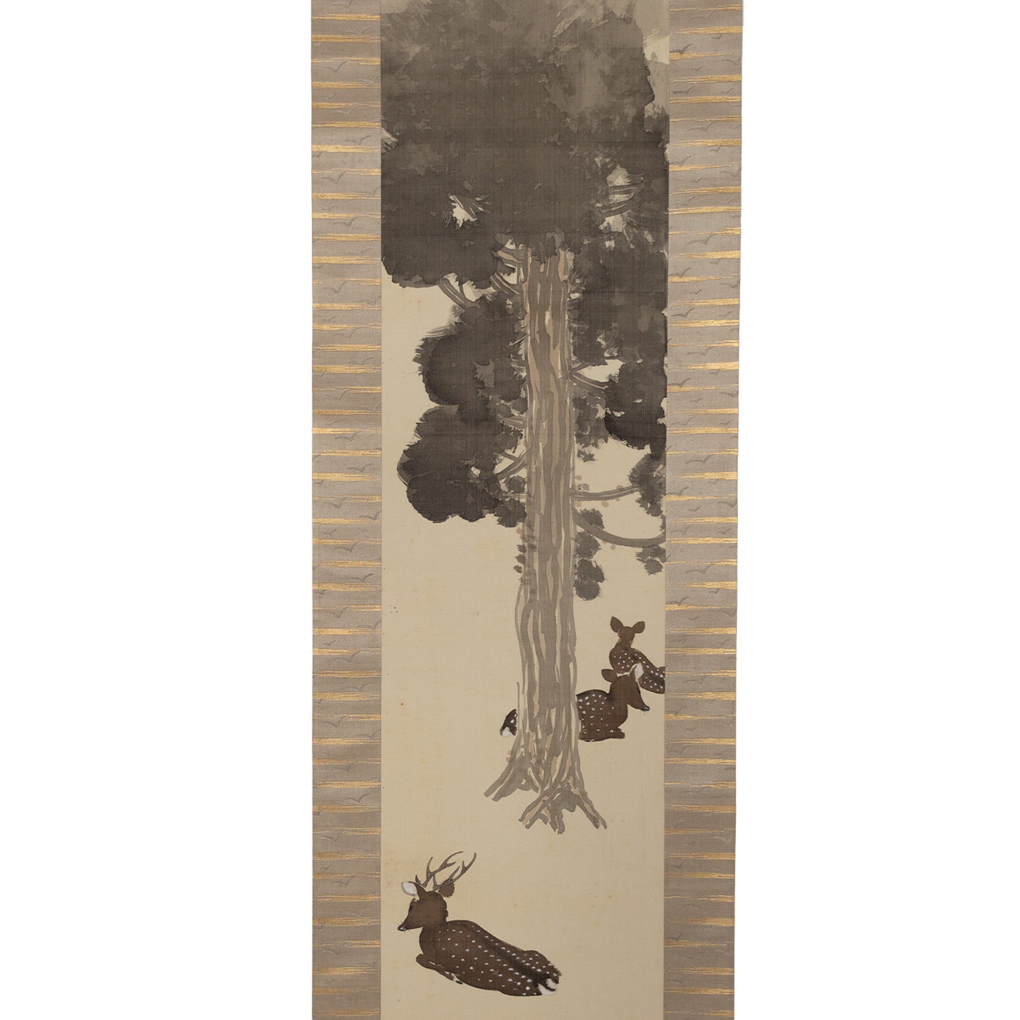 Pair of Scrolls Depicting Birds on a Torii Gate & Deer in the Shade of a Tree