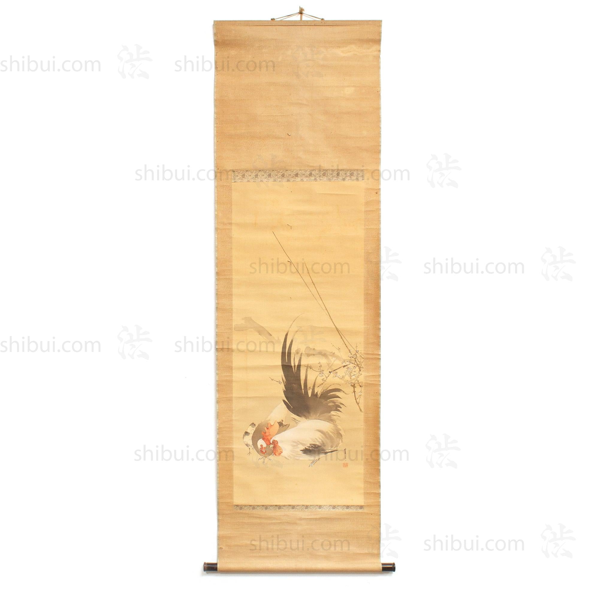 Antique Japanese Scroll Painting | Rooster & Hen
