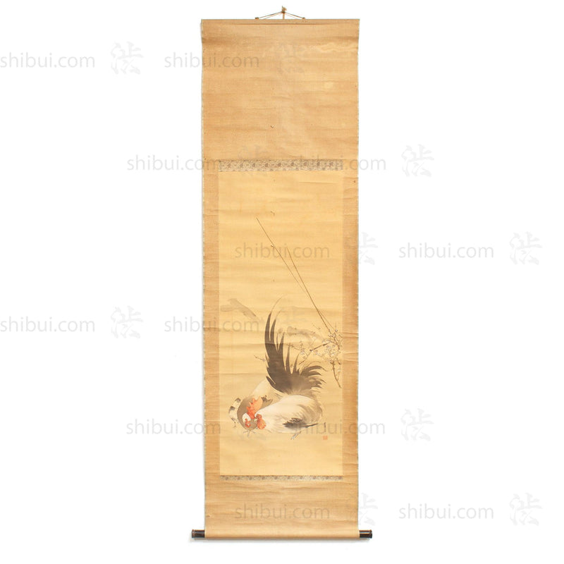 Antique Japanese Scroll Painting | Rooster & Hen