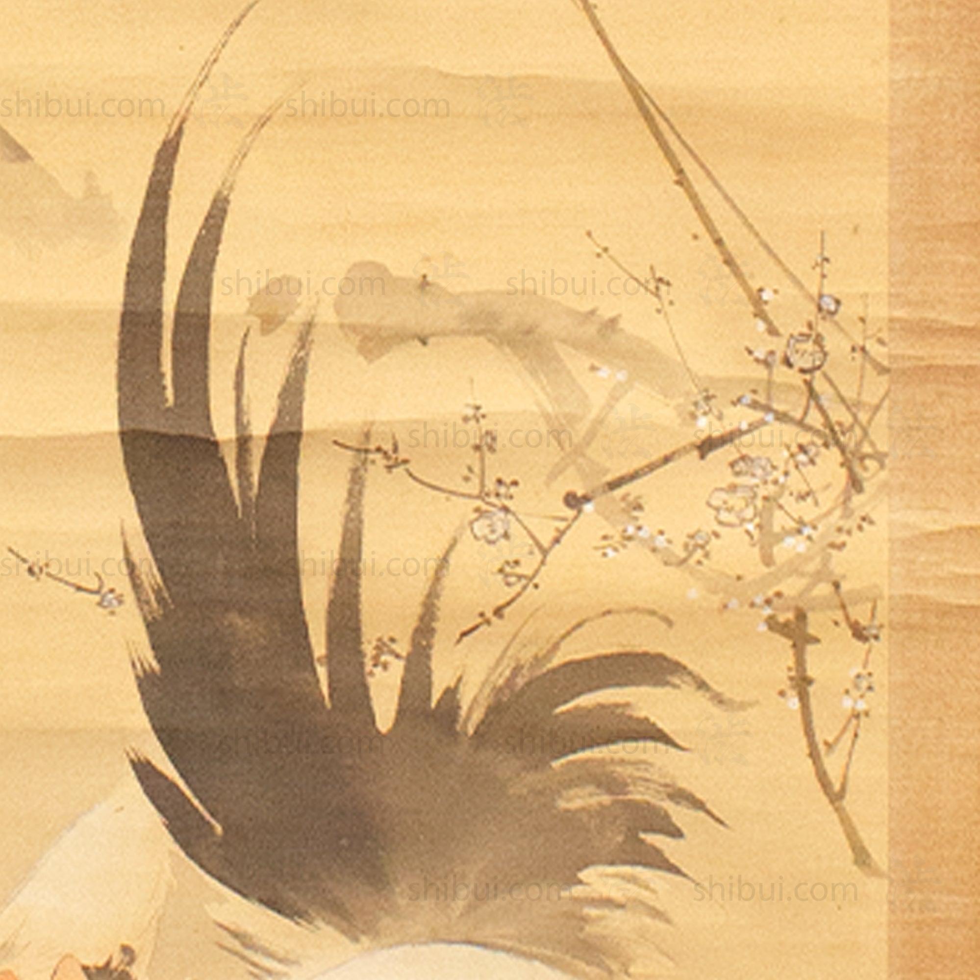 Antique Japanese Scroll Painting | Rooster & Hen