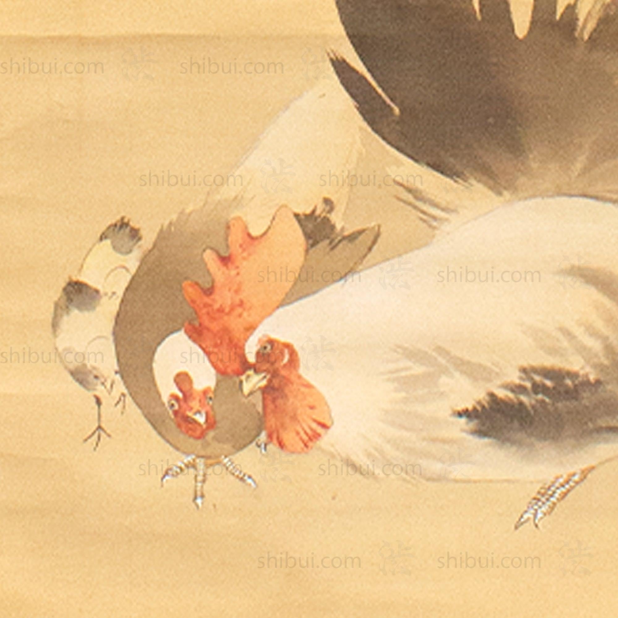 Antique Japanese Scroll Painting | Rooster & Hen