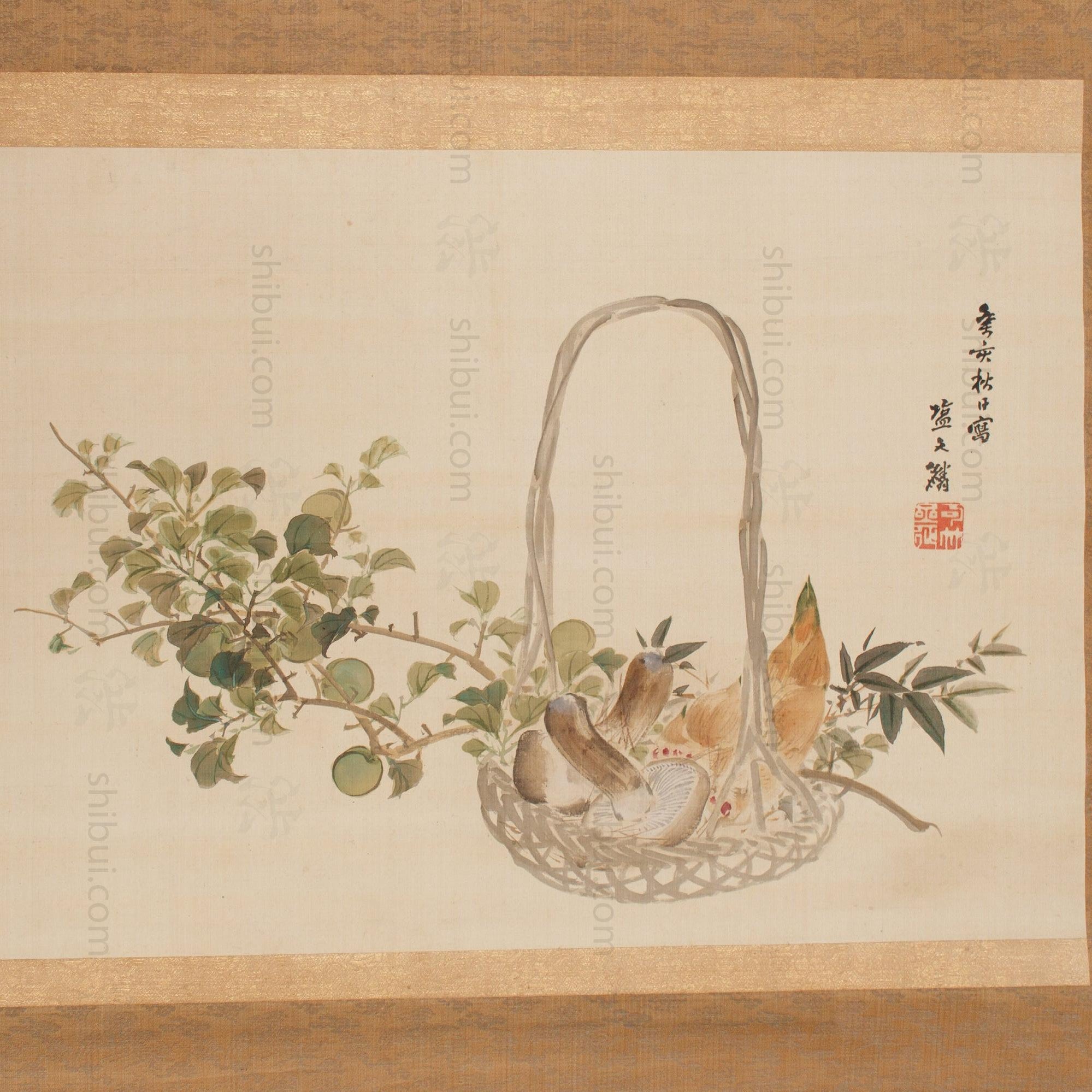 Matsutake and Bamboo Shoots | Foraging Basket Painting | Antique Scroll