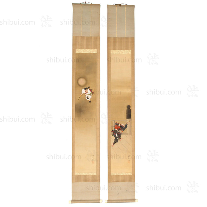 Antique Yoshitsune Benkei Pair Scroll Painting