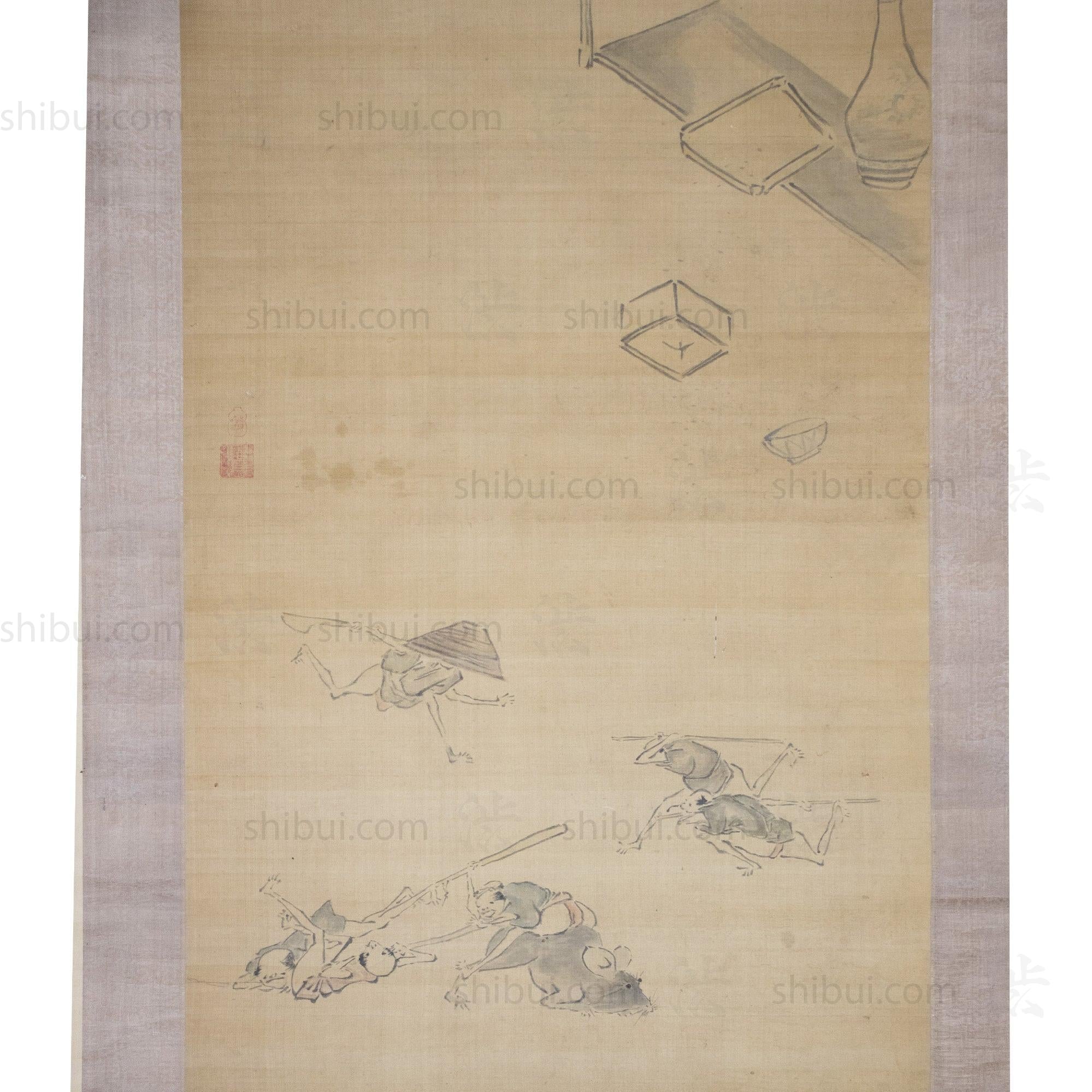 Antique Japanese Drunken Fairytale War Scroll