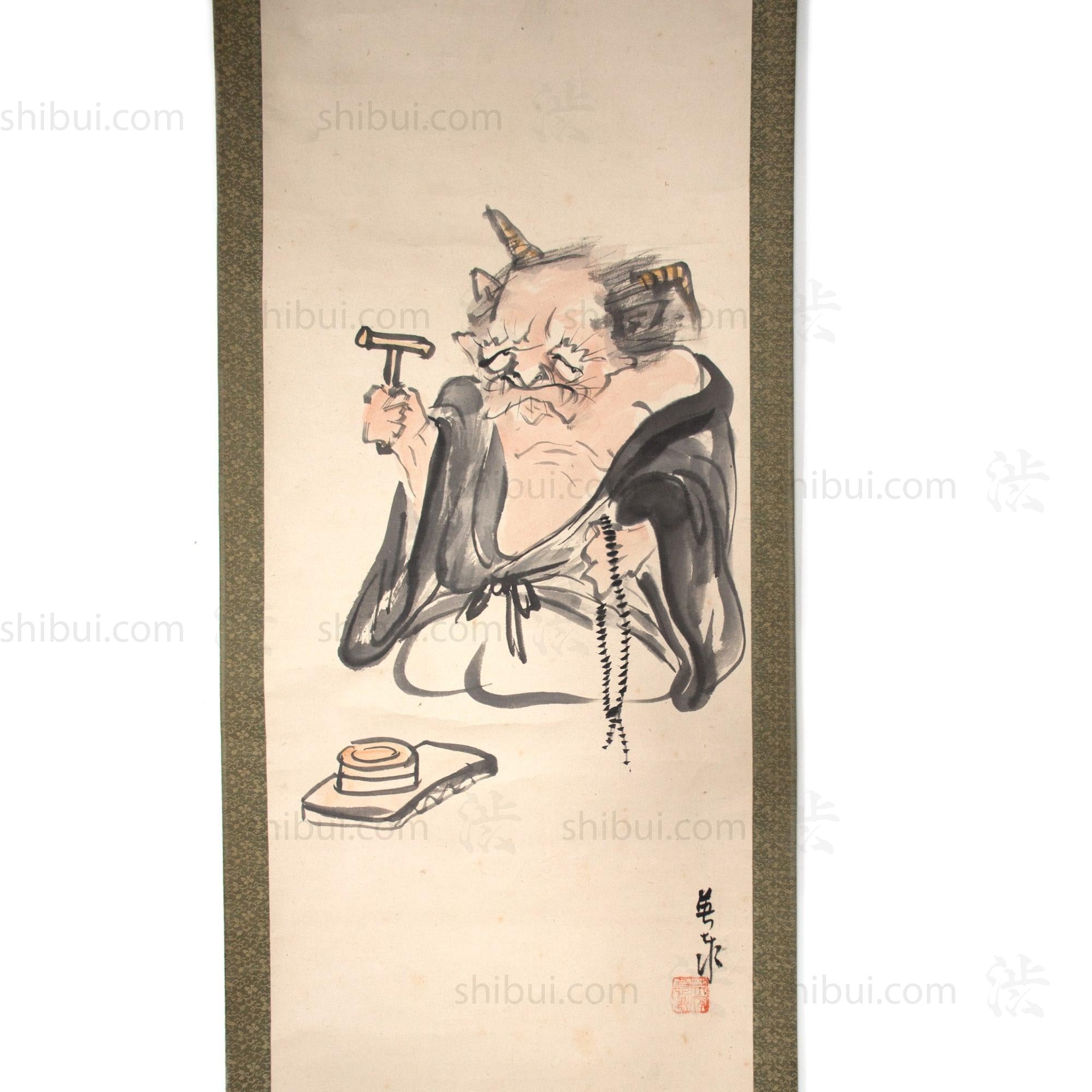 Antique Japanese Otsu-e Style Demon Priest Scroll
