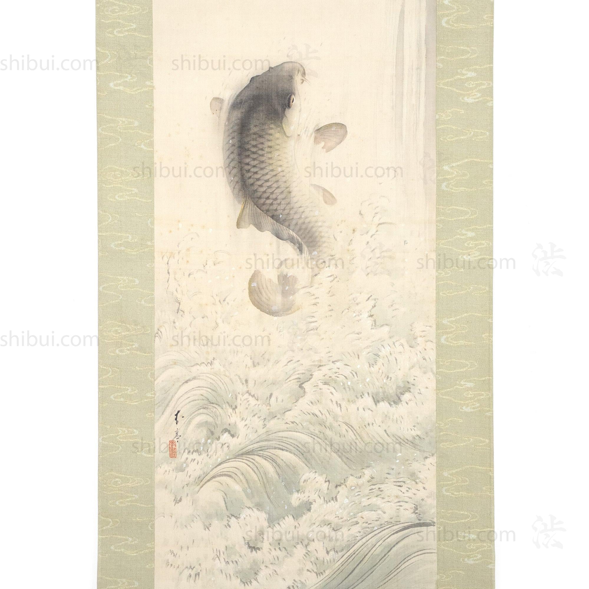 Antique Japanese Leaping Koi Scroll