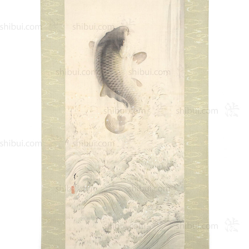 Antique Japanese Leaping Koi Scroll