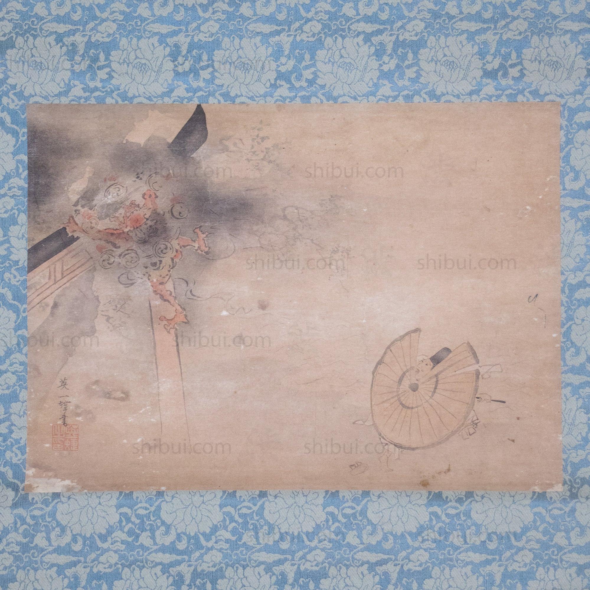 Antique Japanese Thunder God & Man Scroll