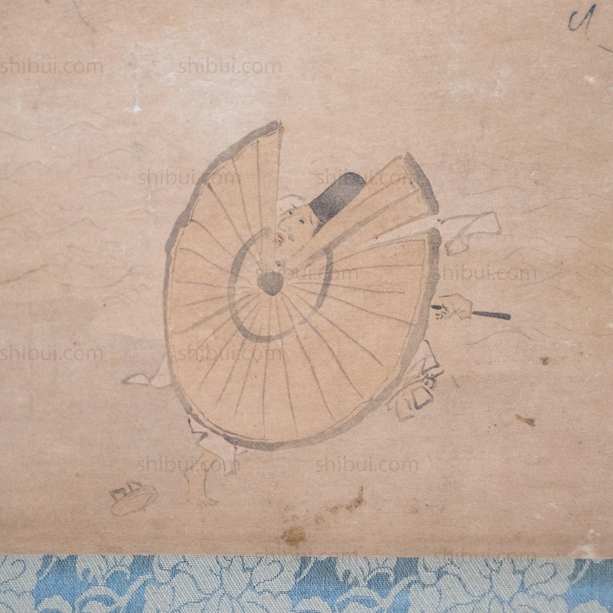 Antique Japanese Thunder God & Man Scroll