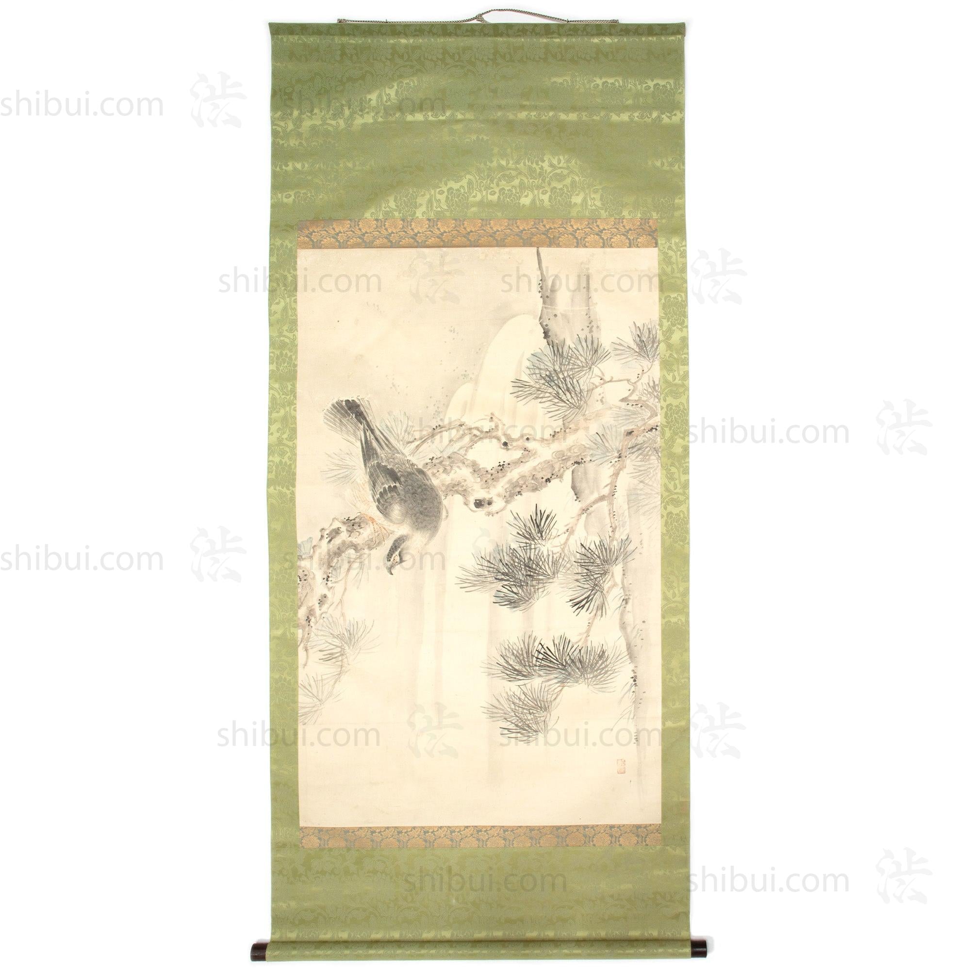 Large Antique Japanese Hawk & Pine Scroll