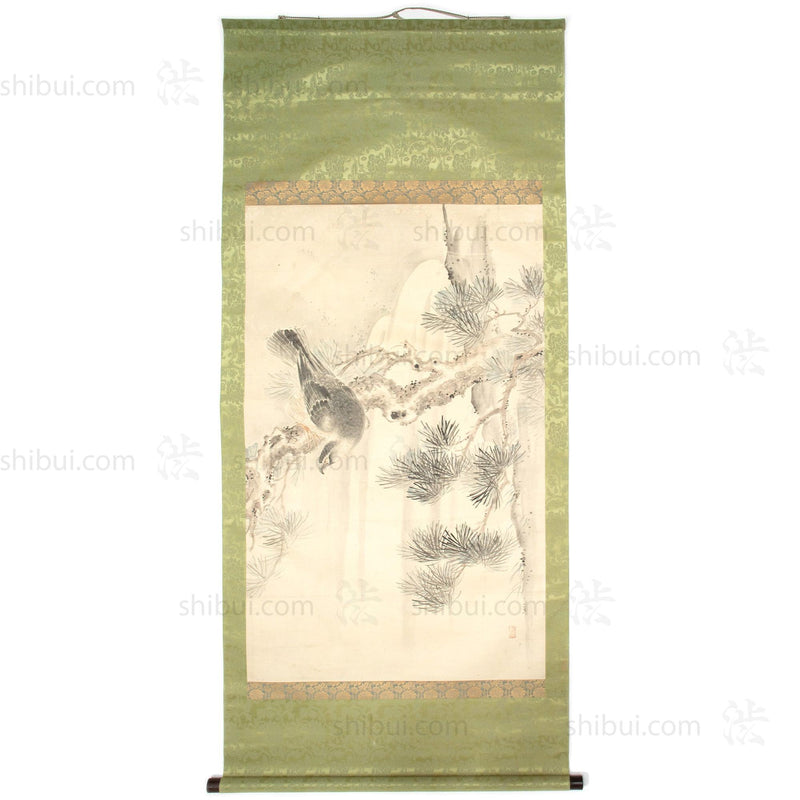 Large Antique Japanese Hawk & Pine Scroll