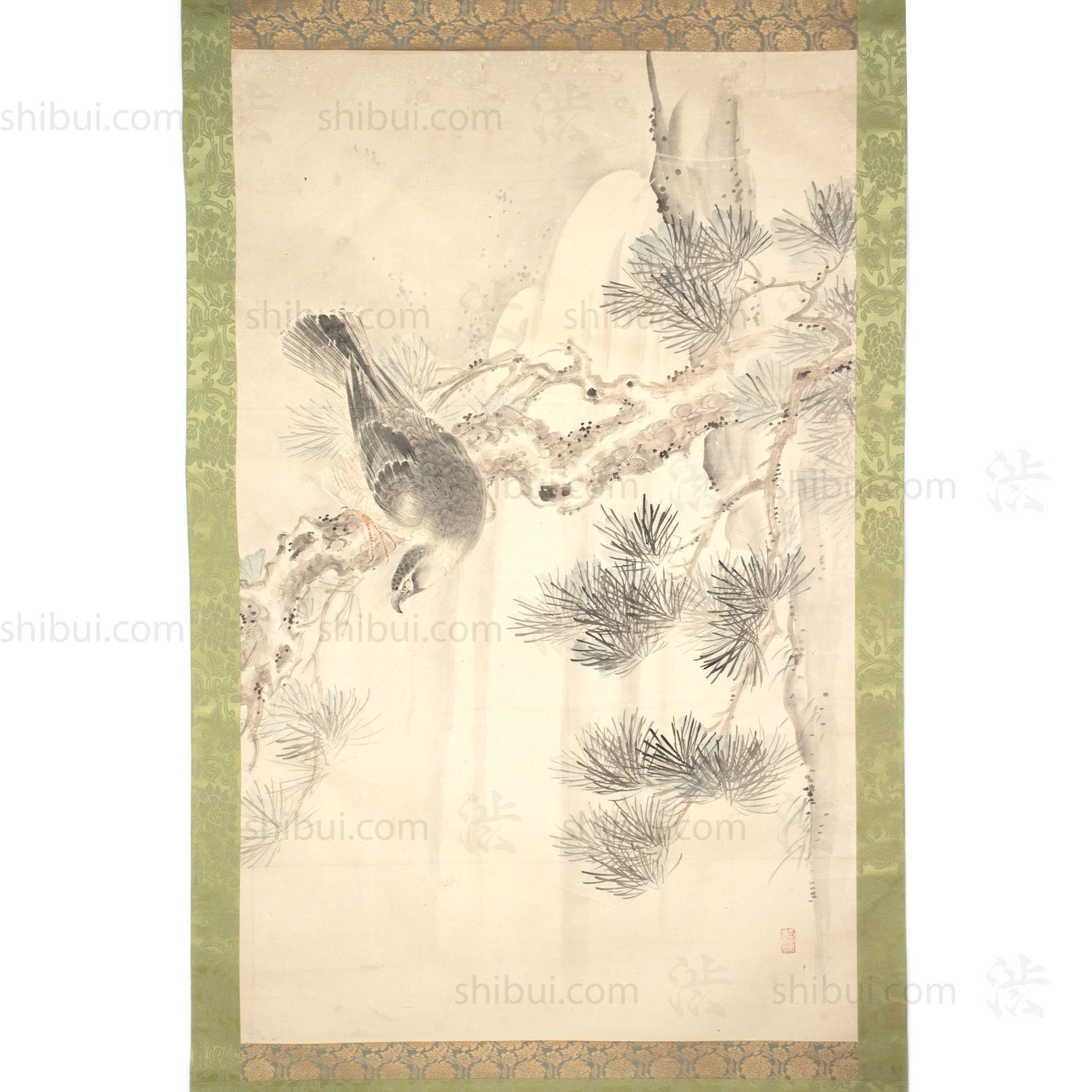 Large Antique Japanese Hawk & Pine Scroll