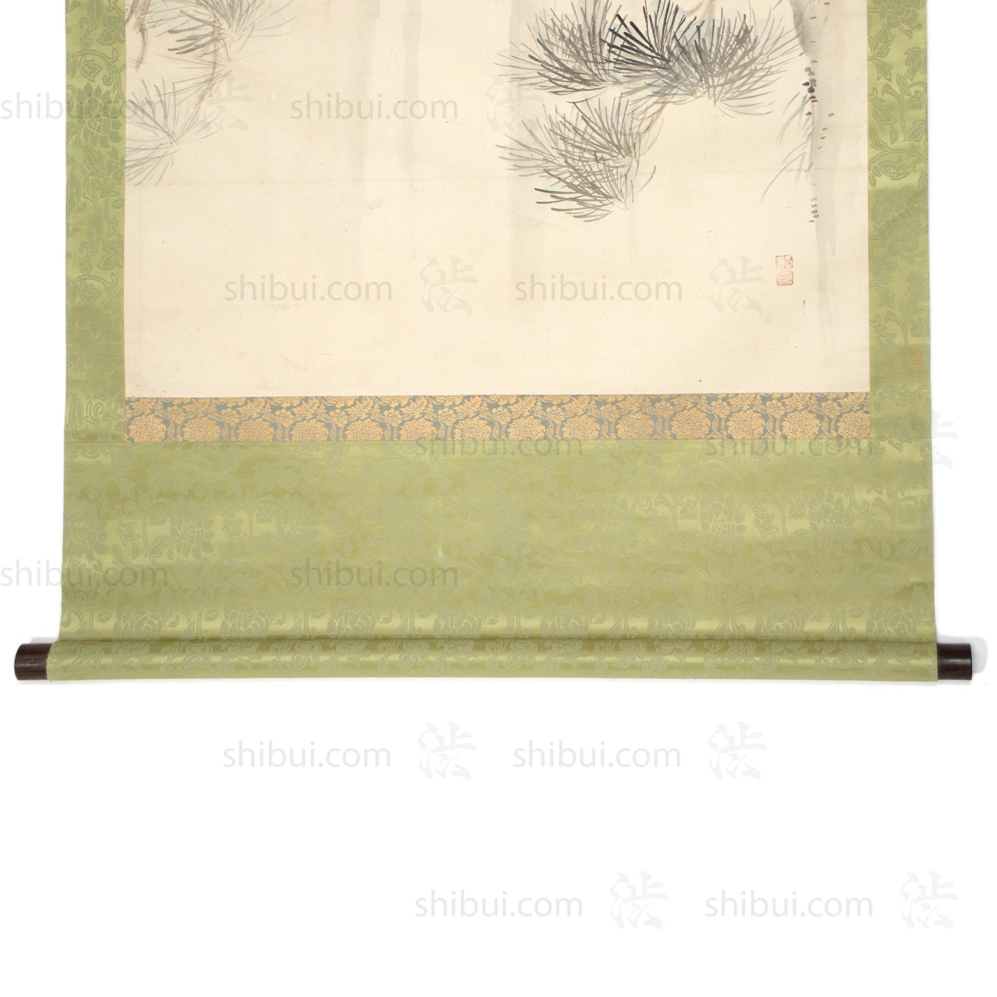 Large Antique Japanese Hawk & Pine Scroll