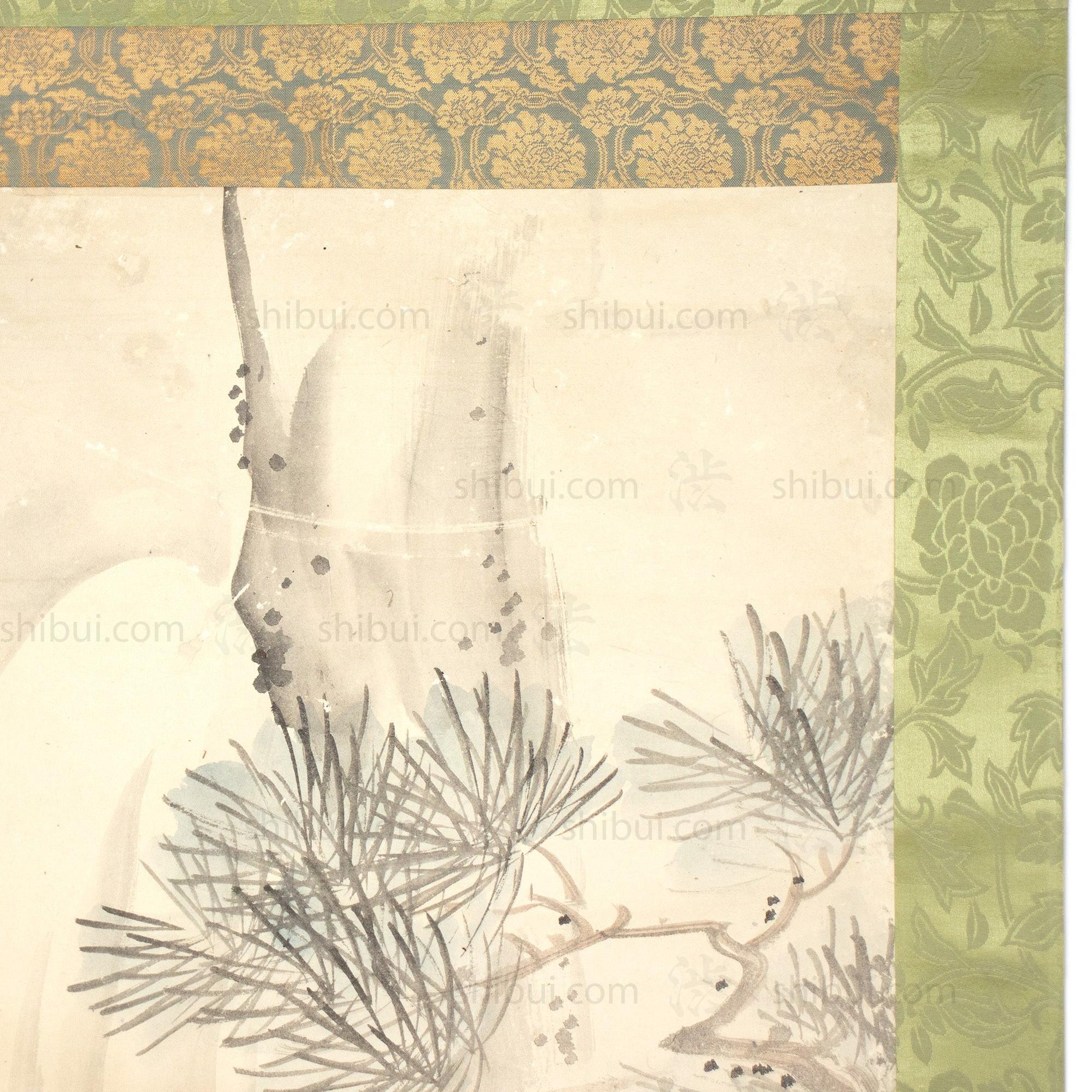 Large Antique Japanese Hawk & Pine Scroll