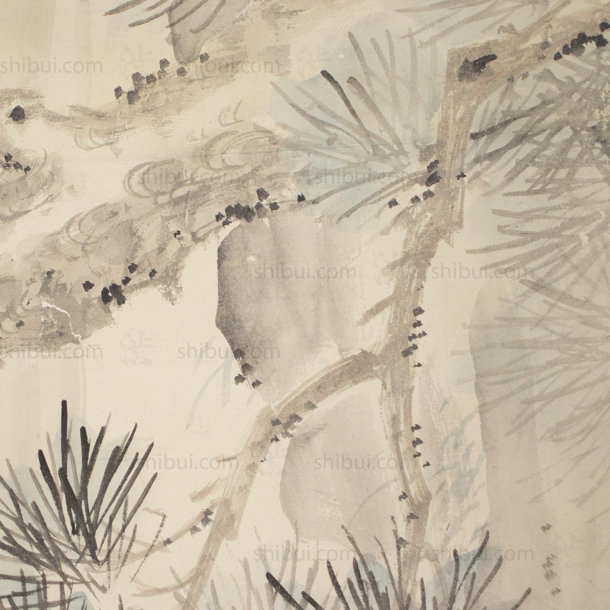 Large Antique Japanese Hawk & Pine Scroll