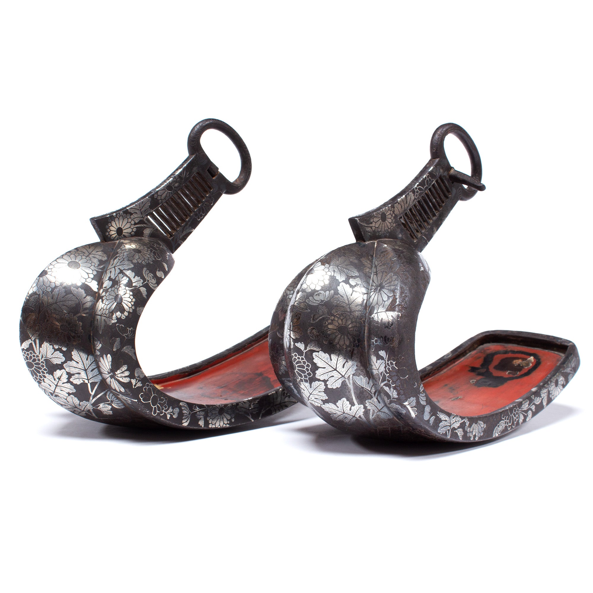 Japanese Antiques Abumi Pair of Stirrups with a Floral Motif