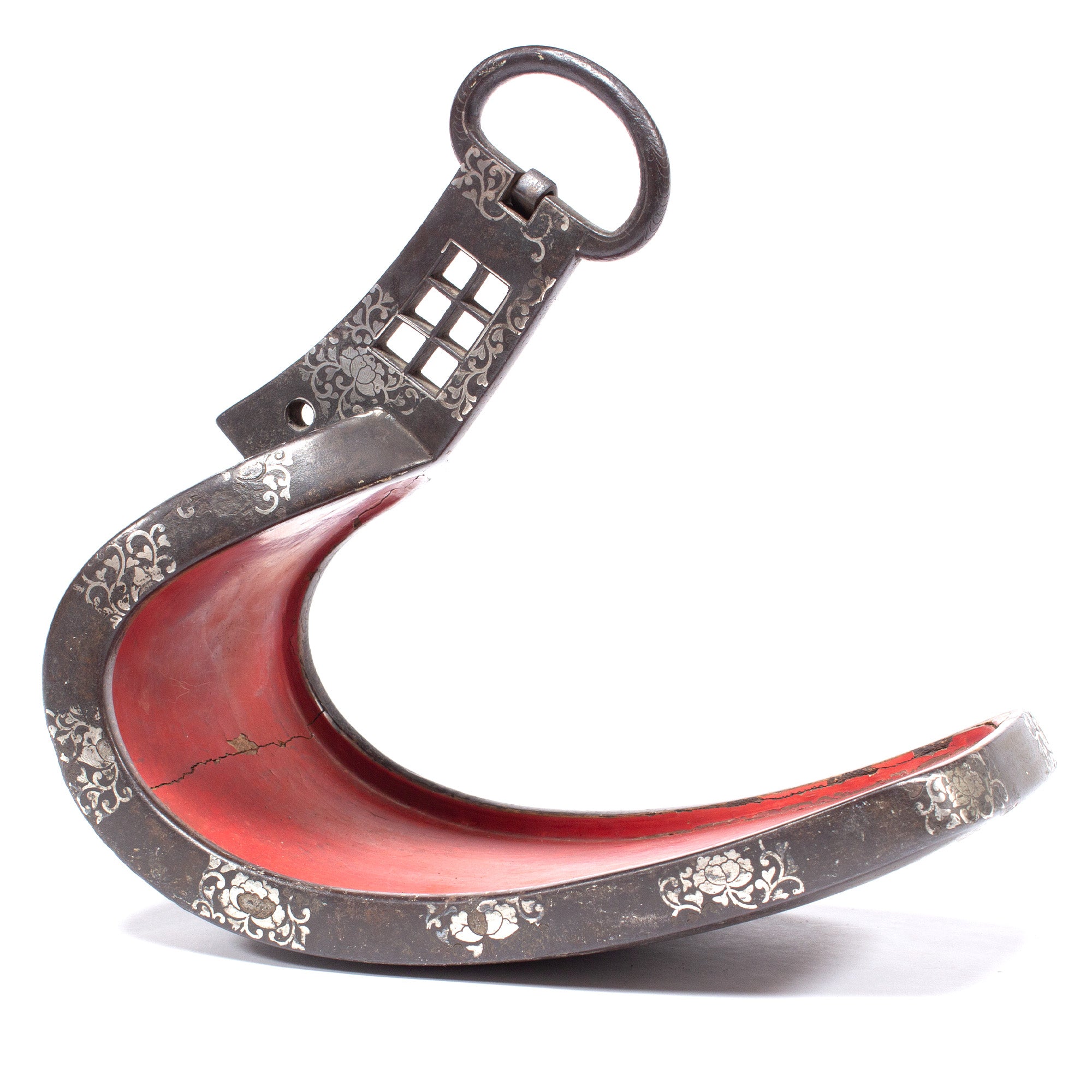 Japanese Antique Abumi Stirrup with Floral Check Silver Inlay