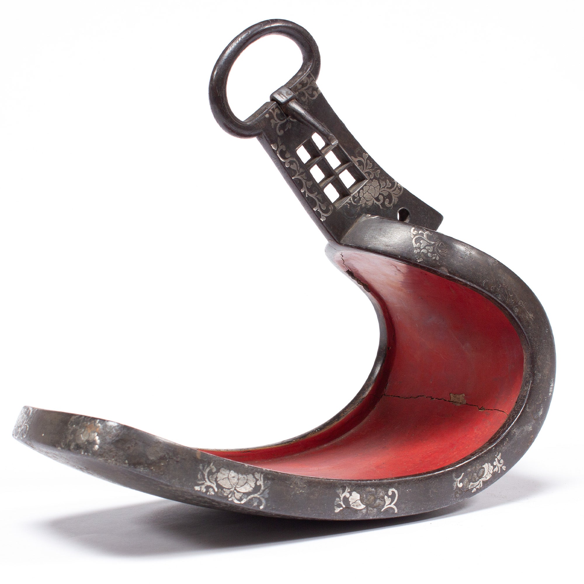 Japanese Antique Abumi Stirrup with Floral Check Silver Inlay
