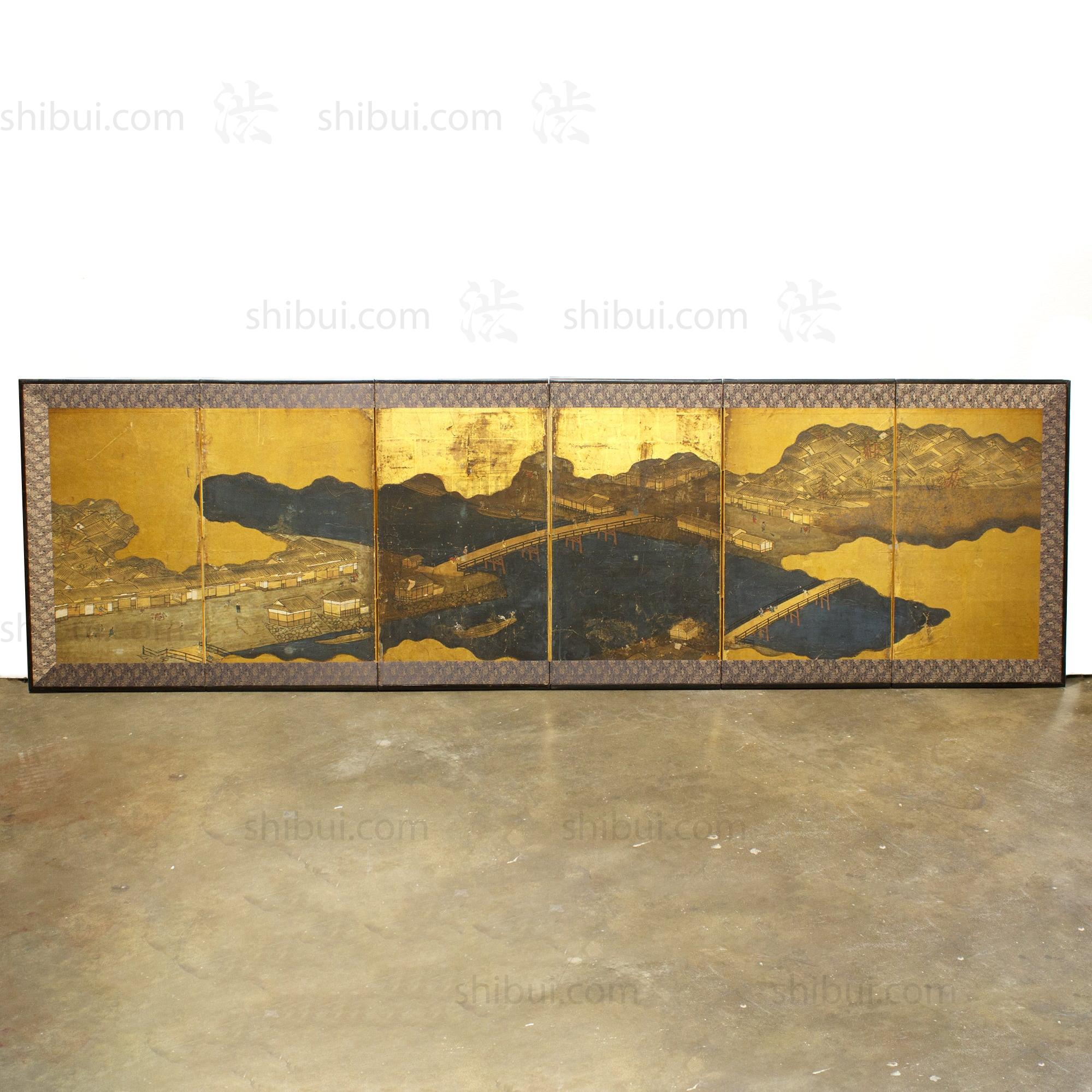 River Bridges Gold Folding Screen