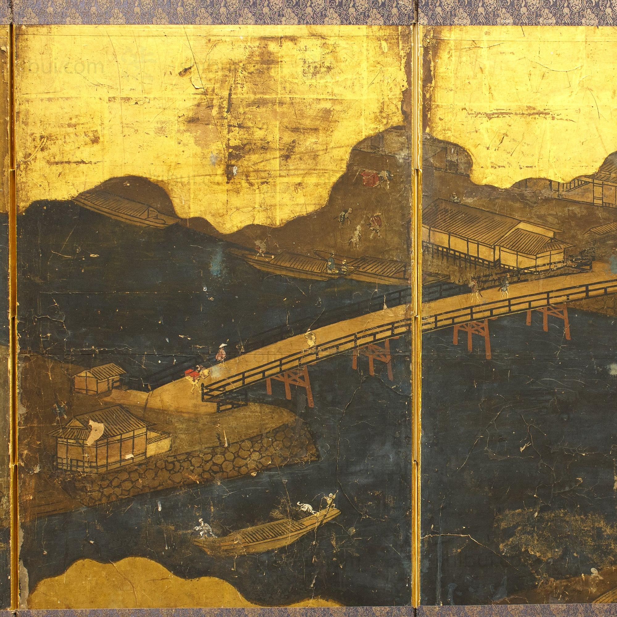 River Bridges Gold Folding Screen