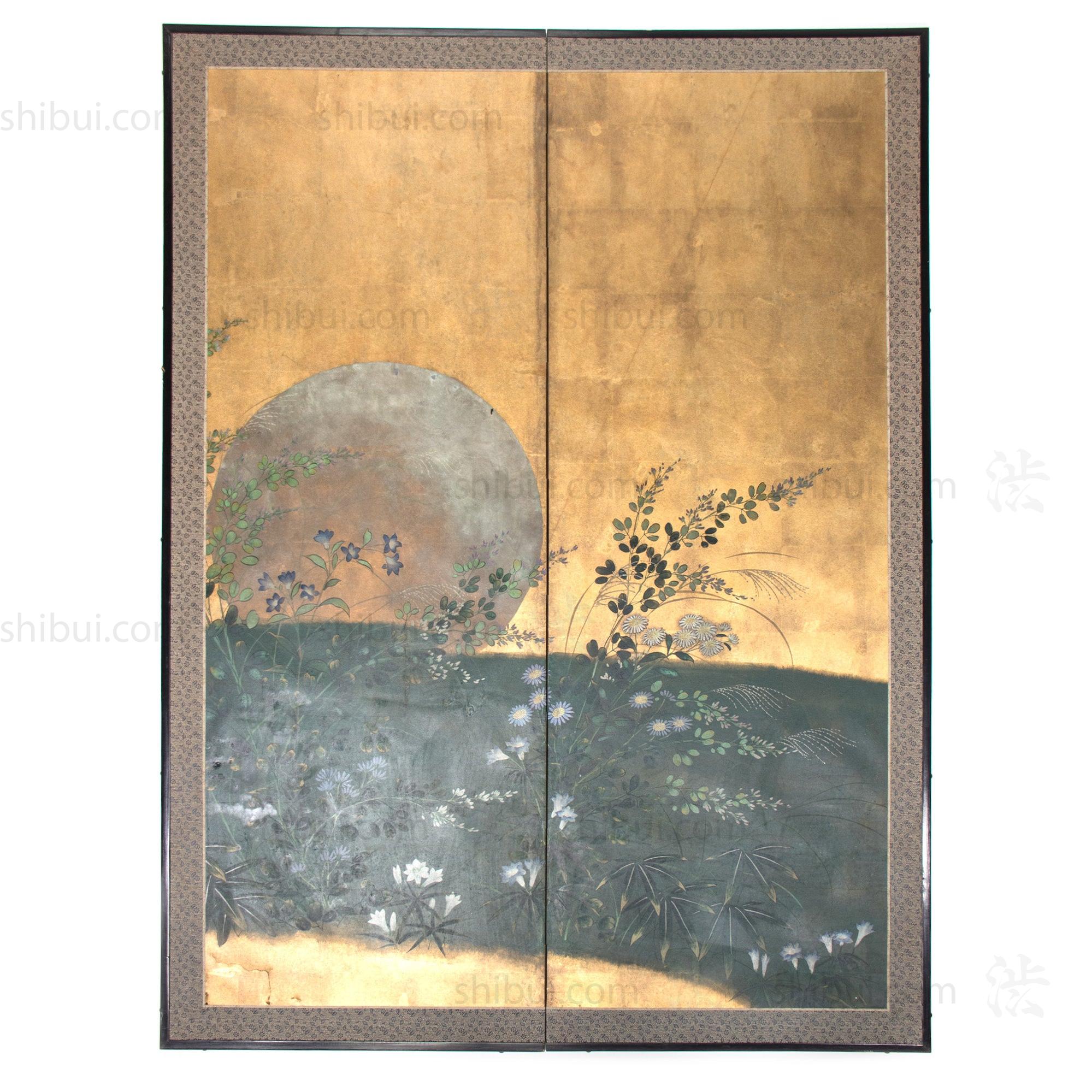 Moon & Wild Flower Byobu | Antique Japanese Gold Leaf Folding Screen Panel