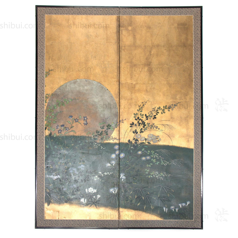 Moon & Wild Flower Byobu | Antique Japanese Gold Leaf Folding Screen Panel