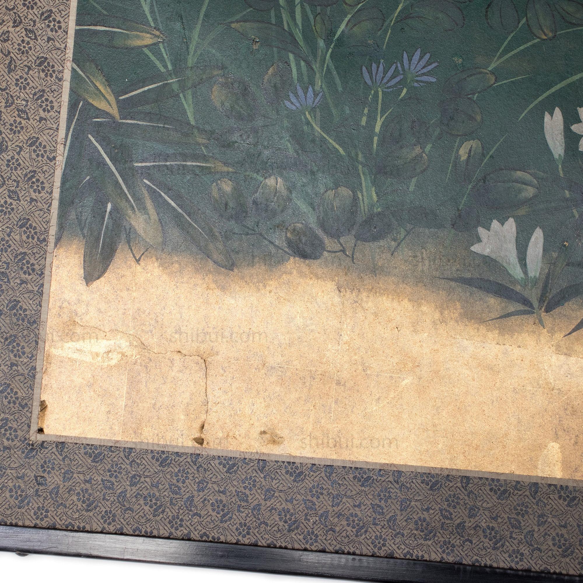 Moon & Wild Flower Byobu | Antique Japanese Gold Leaf Folding Screen Panel