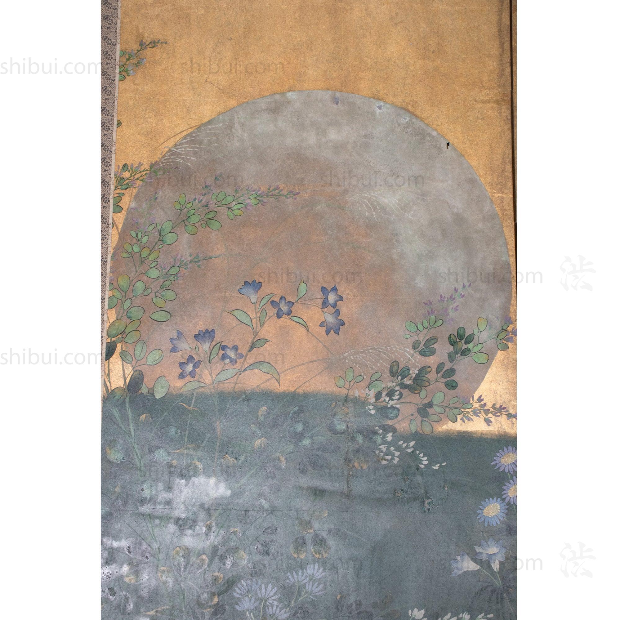 Moon & Wild Flower Byobu | Antique Japanese Gold Leaf Folding Screen Panel