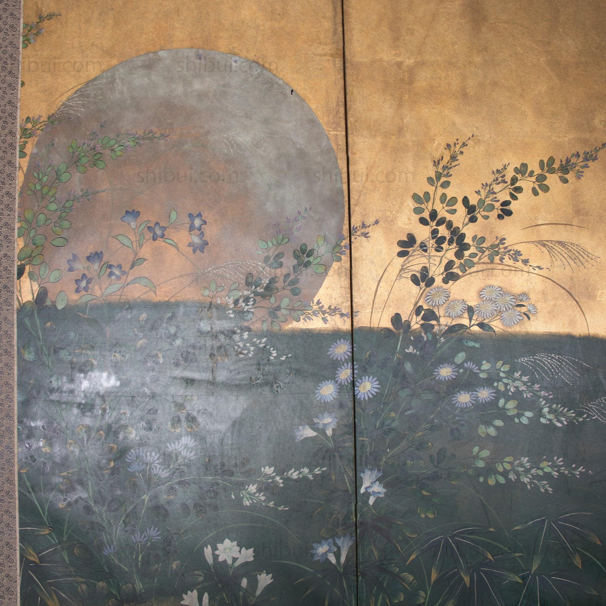 Moon & Wild Flower Byobu | Antique Japanese Gold Leaf Folding Screen Panel