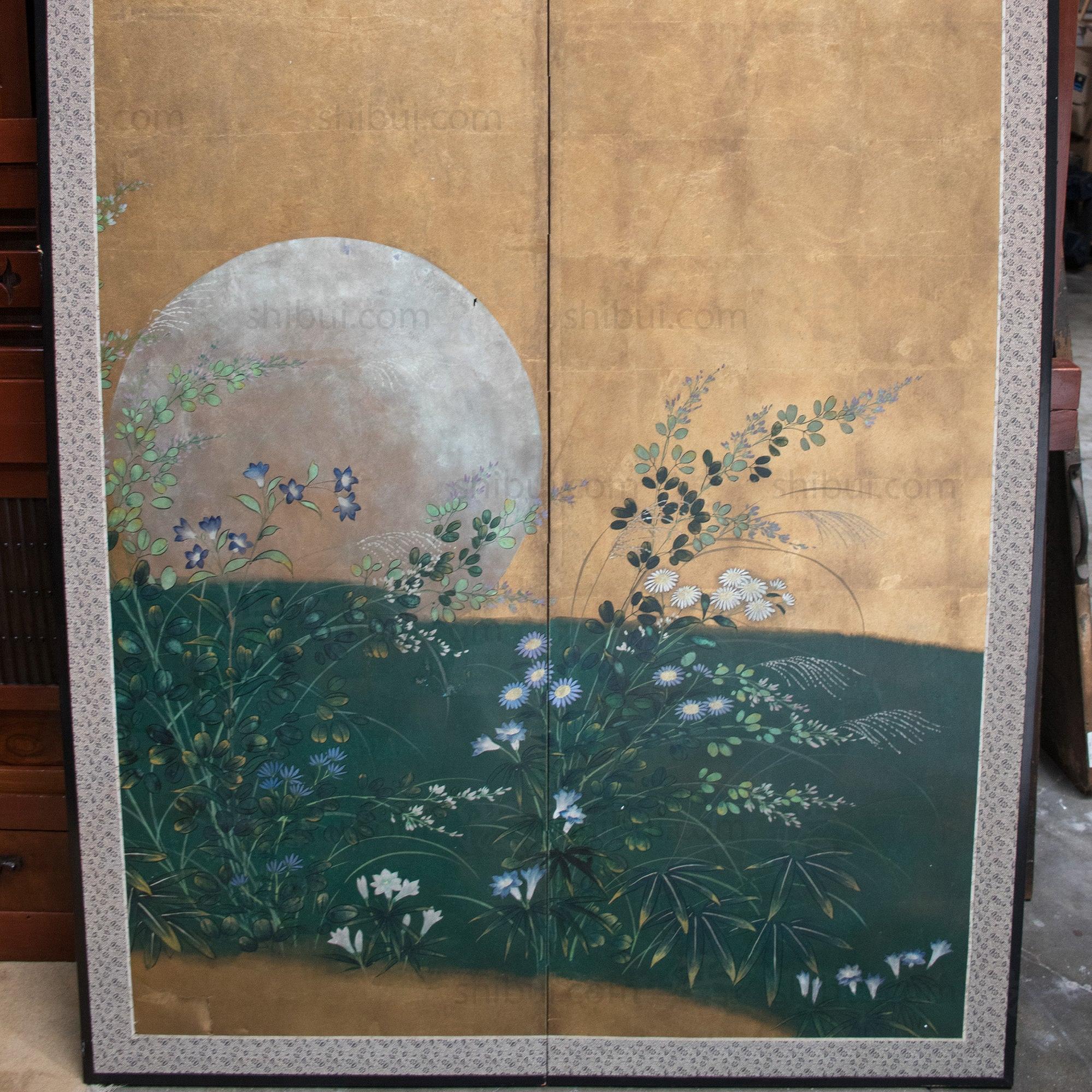Moon & Wild Flower Byobu | Antique Japanese Gold Leaf Folding Screen Panel