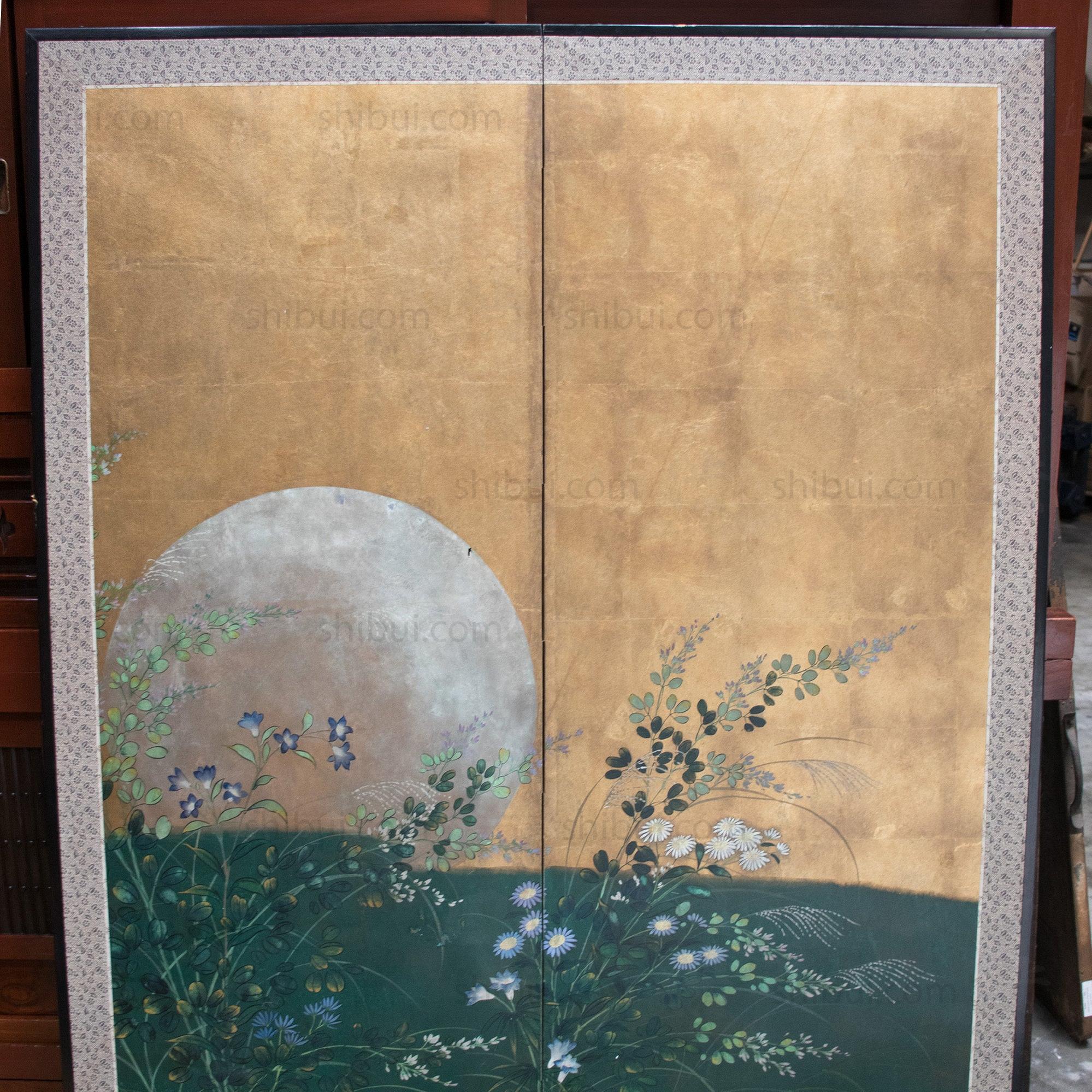 Moon & Wild Flower Byobu | Antique Japanese Gold Leaf Folding Screen Panel