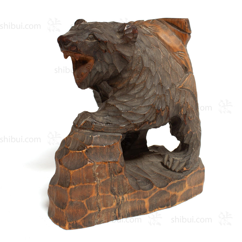 Kibori Kuma | Hand Carved Wood Bear | Japanese Hand Carved Bear with Fishing Pole and Salmon