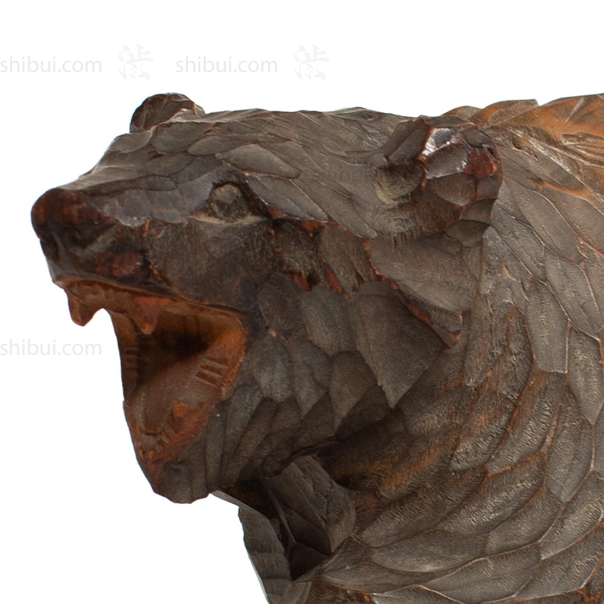 Kibori Kuma | Hand Carved Wood Bear | Japanese Hand Carved Bear with Fishing Pole and Salmon