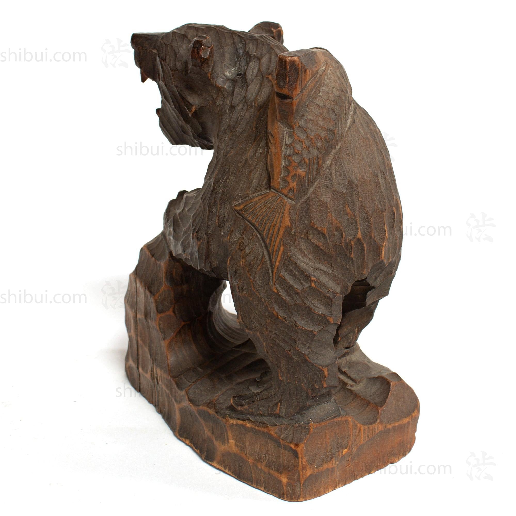 Kibori Kuma | Hand Carved Wood Bear | Japanese Hand Carved Bear with Fishing Pole and Salmon