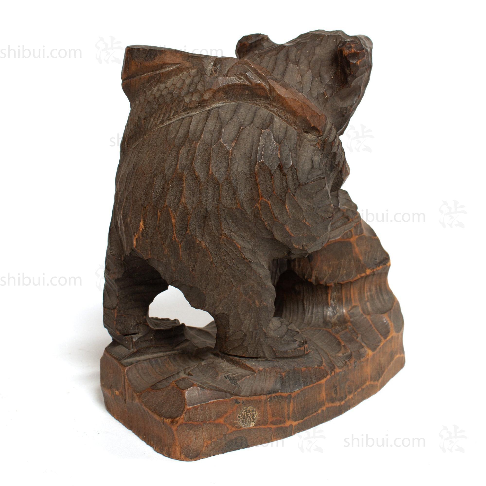 Kibori Kuma | Hand Carved Wood Bear | Japanese Hand Carved Bear with Fishing Pole and Salmon